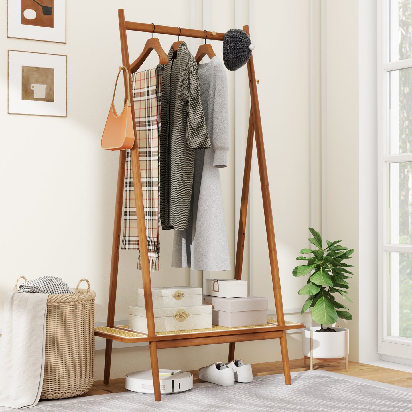 Bamboo Garment Rack with Hanging Rod, Rattan Shelf, and Copper Hooks – Brown