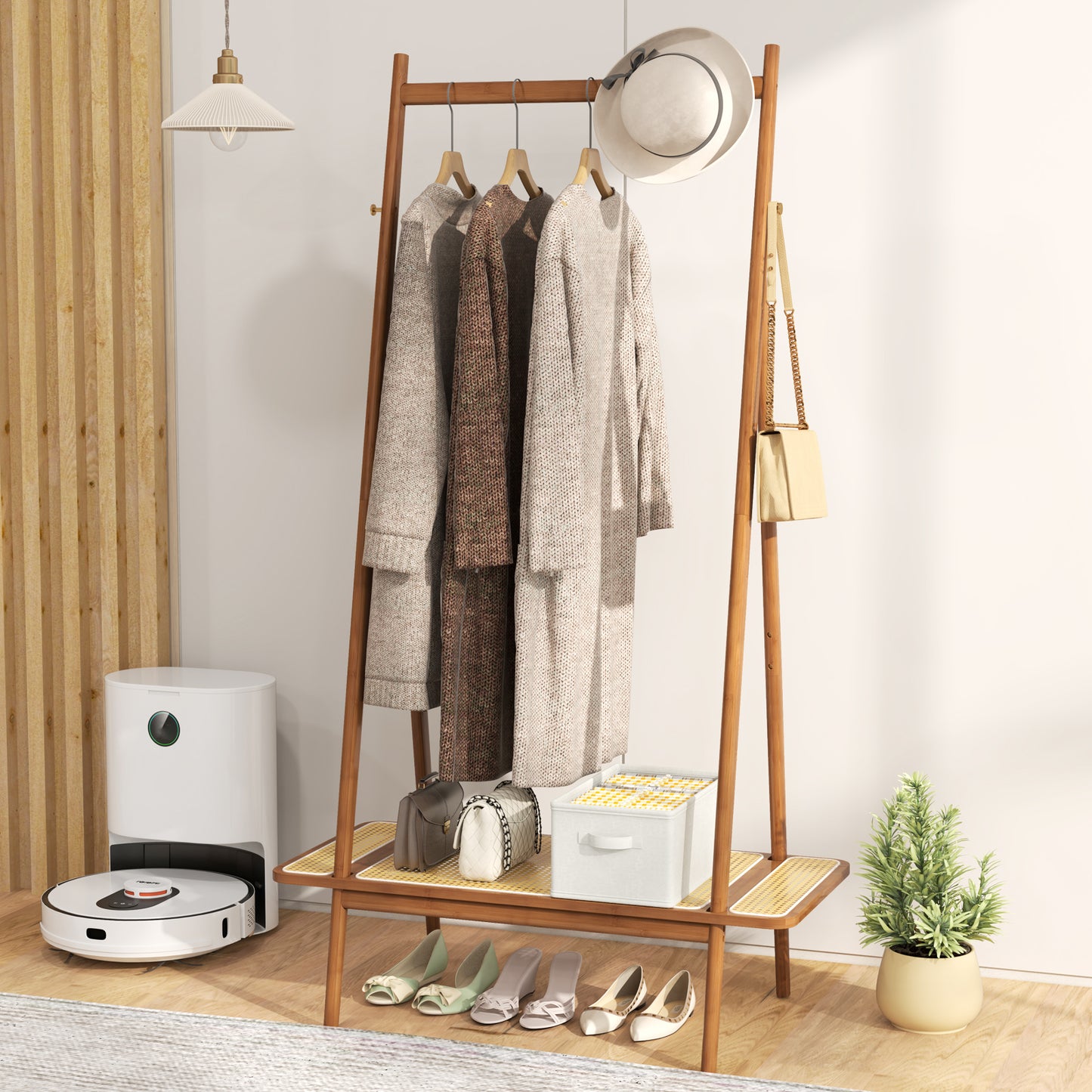 Bamboo Garment Rack with Hanging Rod, Rattan Shelf, and Copper Hooks – Brown