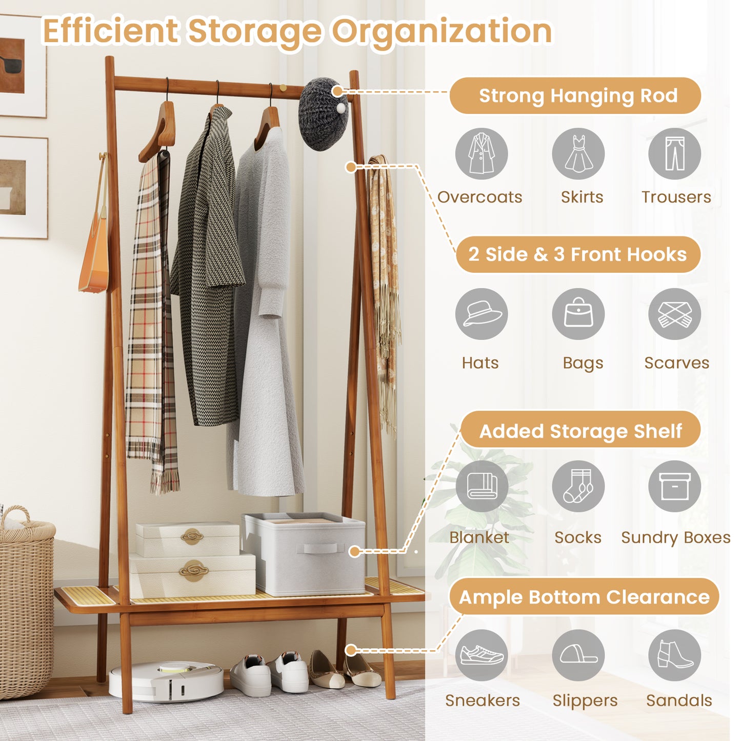 Bamboo Garment Rack with Hanging Rod, Rattan Shelf, and Copper Hooks – Brown