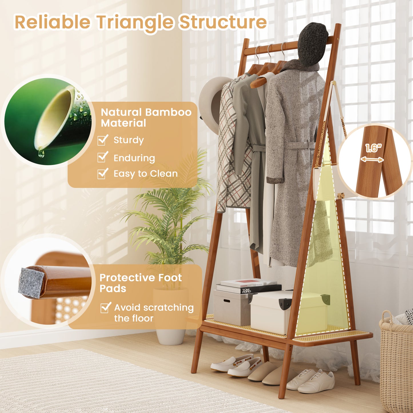 Bamboo Garment Rack with Hanging Rod, Rattan Shelf, and Copper Hooks – Brown