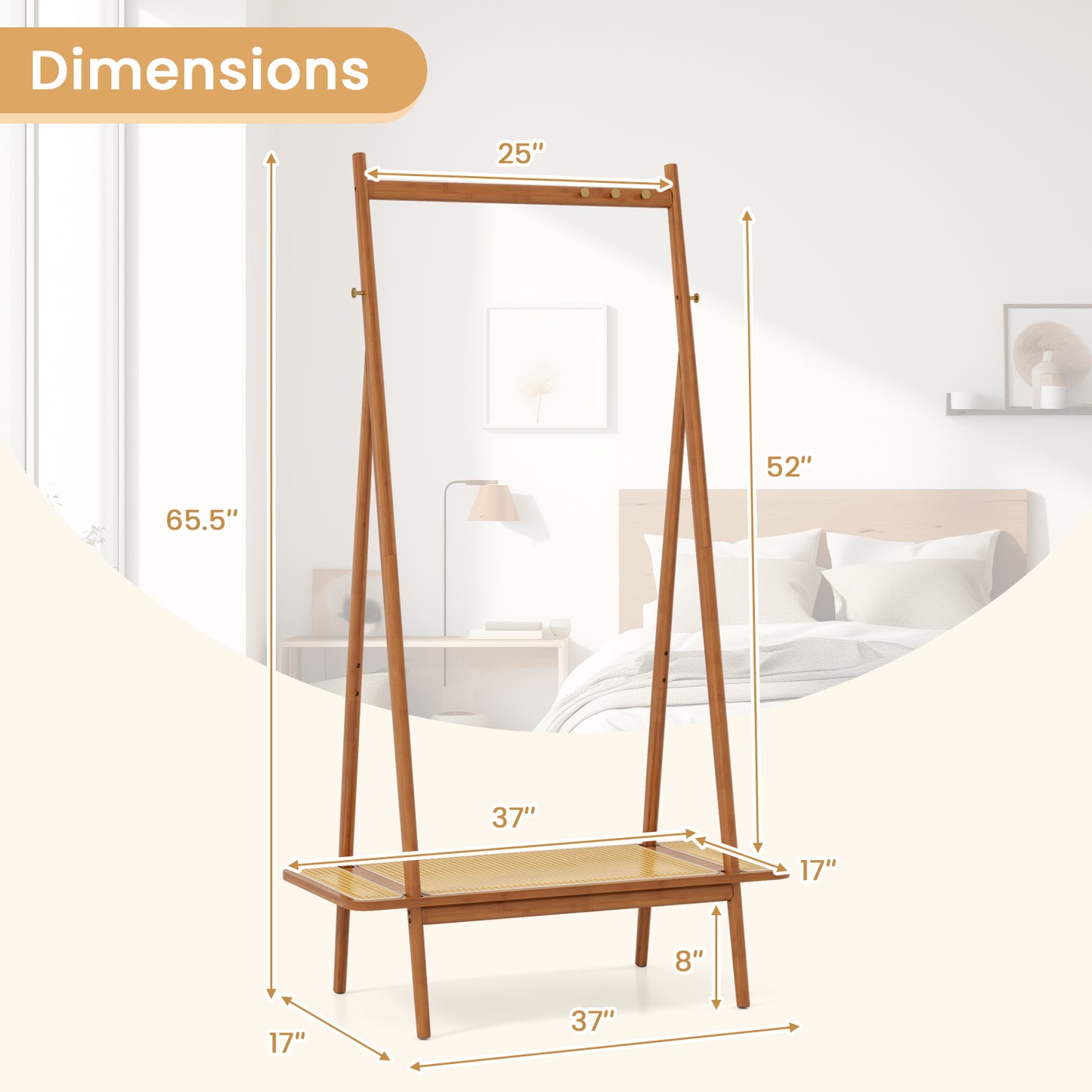Bamboo Garment Rack with Hanging Rod, Rattan Shelf, and Copper Hooks – Brown