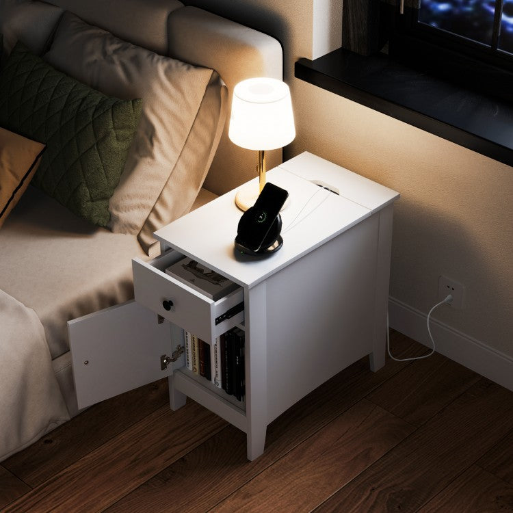 Nightstand with Flip-Top Power Station, USB Outlets, Drawer, and Storage Space – White