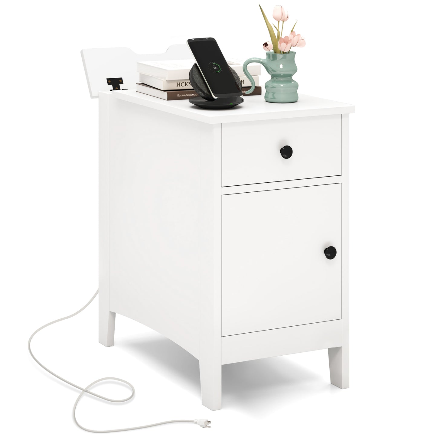 Nightstand with Flip-Top Power Station, USB Outlets, Drawer, and Storage Space – White