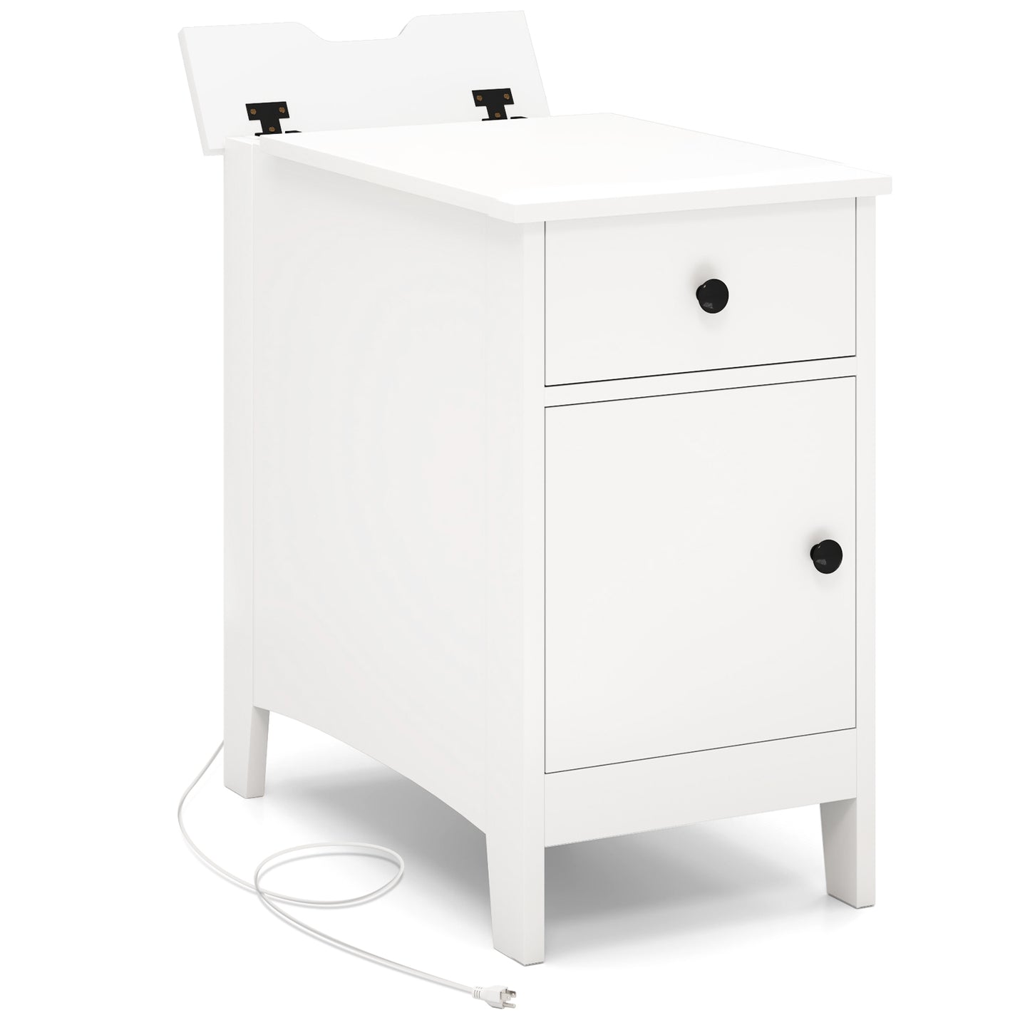 Nightstand with Flip-Top Power Station, USB Outlets, Drawer, and Storage Space – White