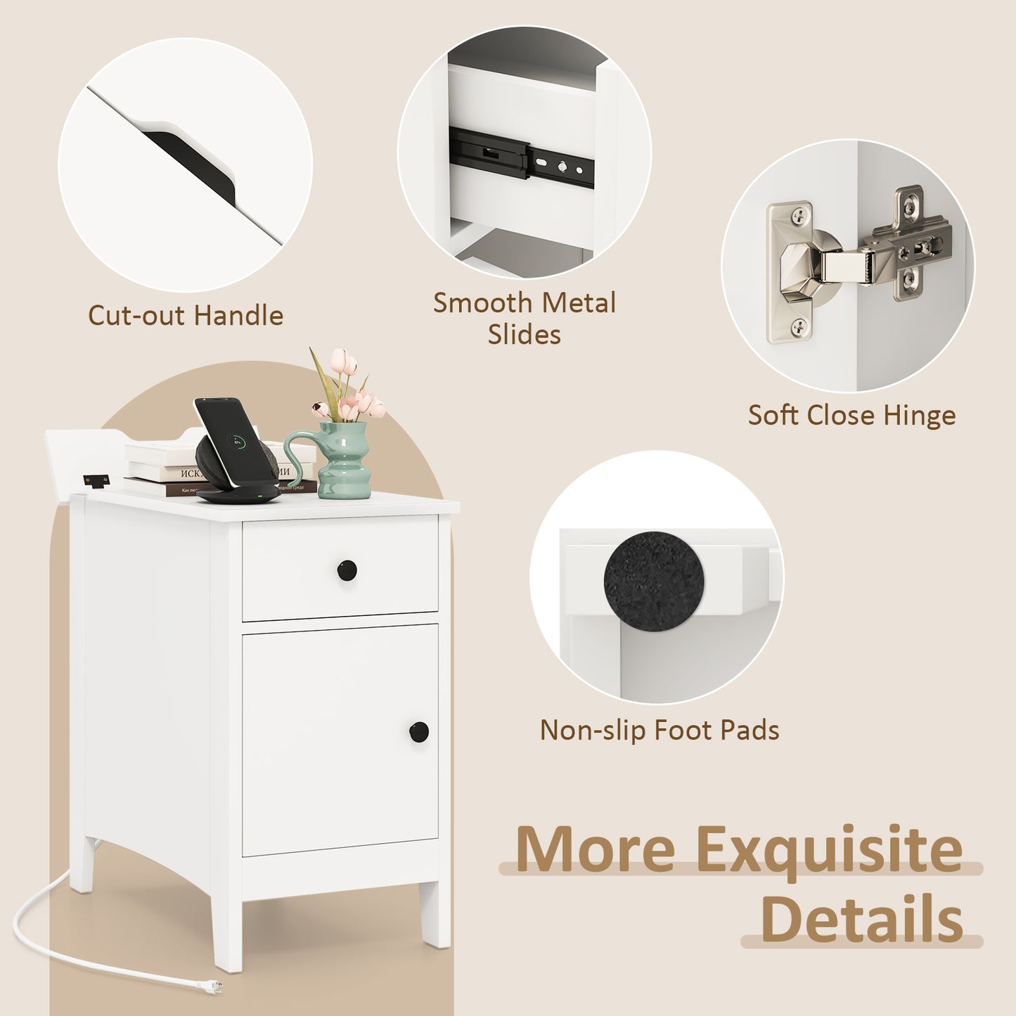 Nightstand with Flip-Top Power Station, USB Outlets, Drawer, and Storage Space – White