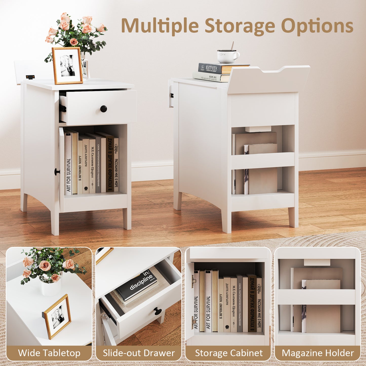Nightstand with Flip-Top Power Station, USB Outlets, Drawer, and Storage Space – White