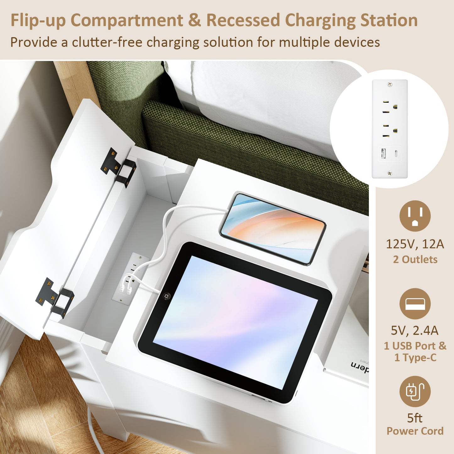 Nightstand with Flip-Top Power Station, USB Outlets, Drawer, and Storage Space – White