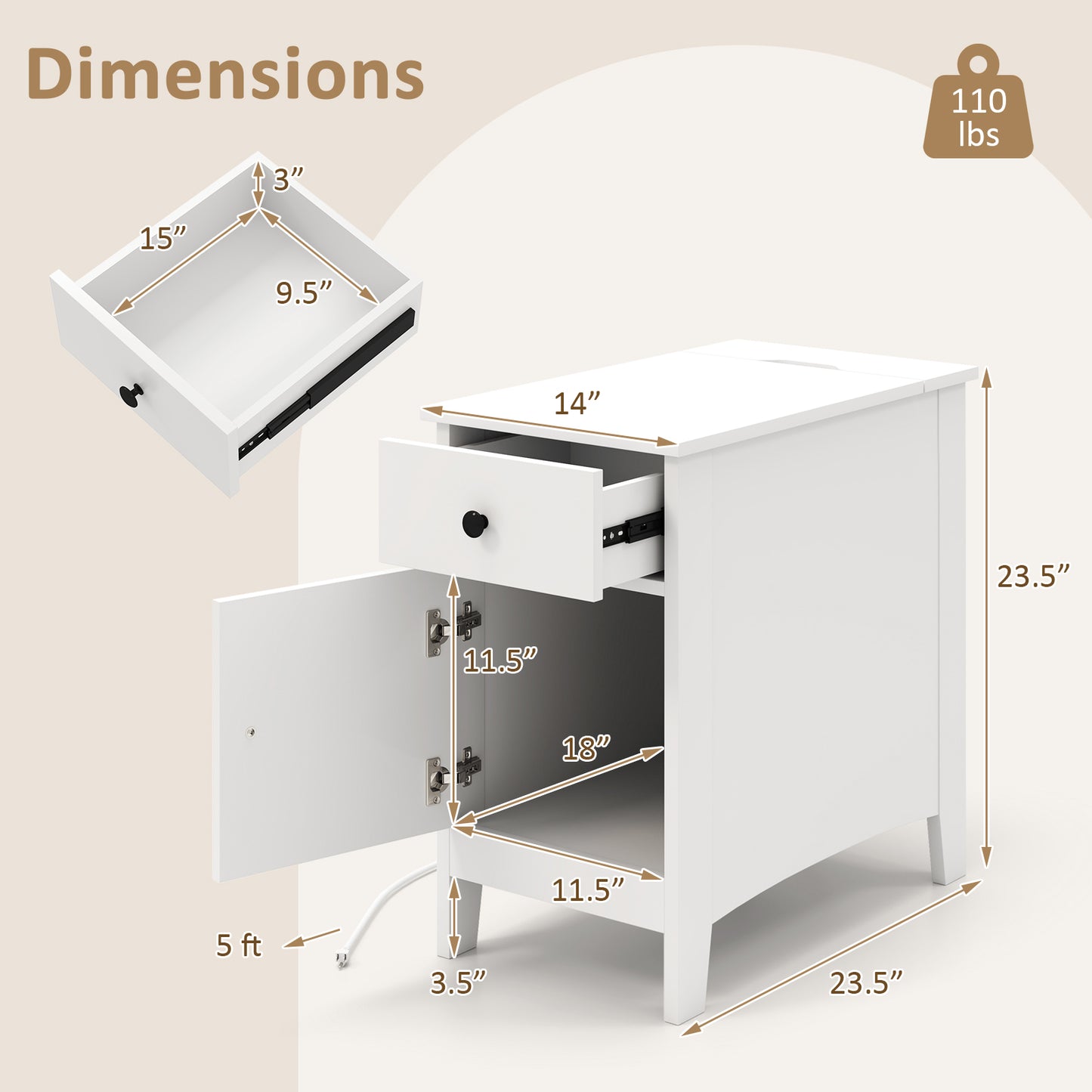 Nightstand with Flip-Top Power Station, USB Outlets, Drawer, and Storage Space – White