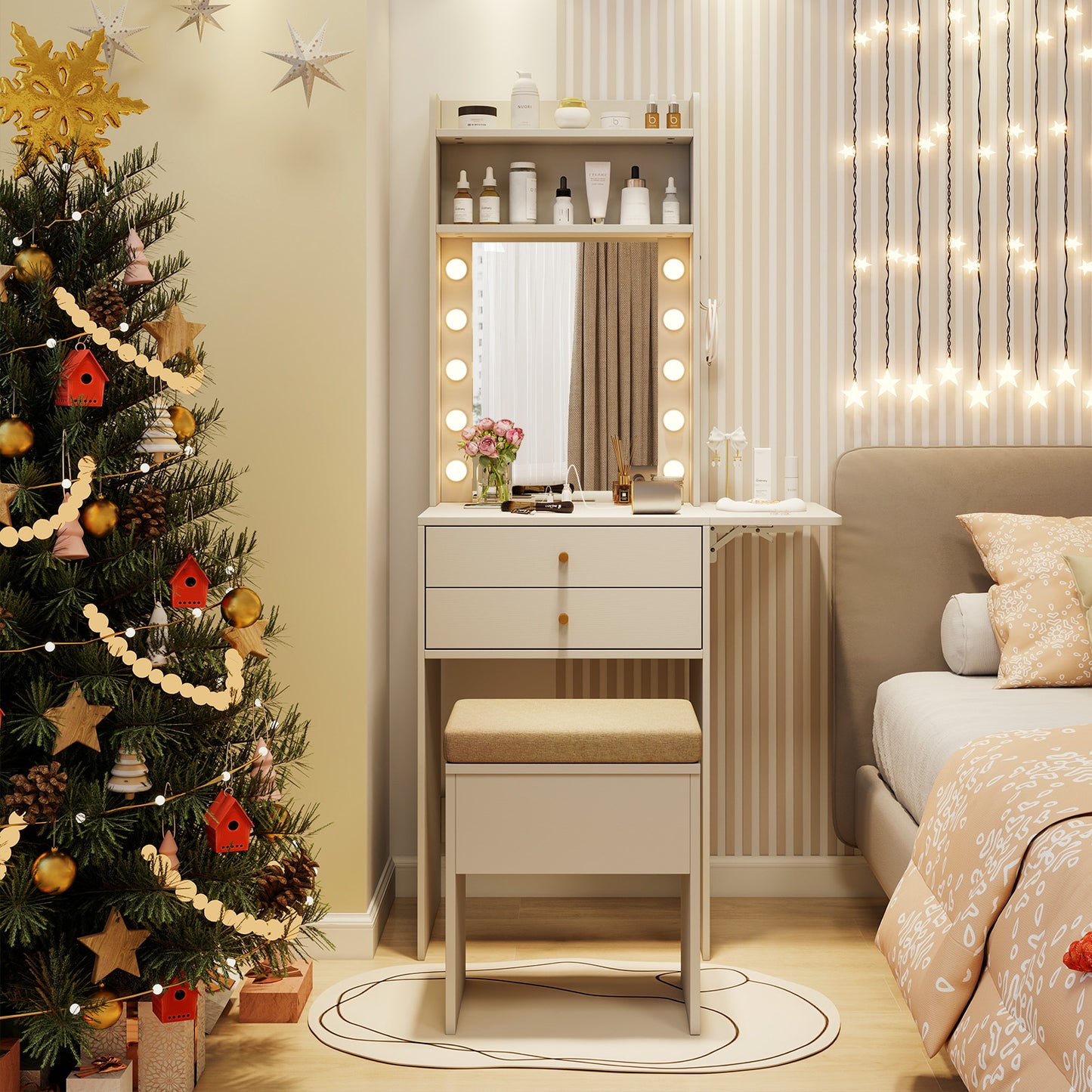 Compact Vanity Table Set with 3-Color LED Mirror, Charging Station and Storage Drawers – White
