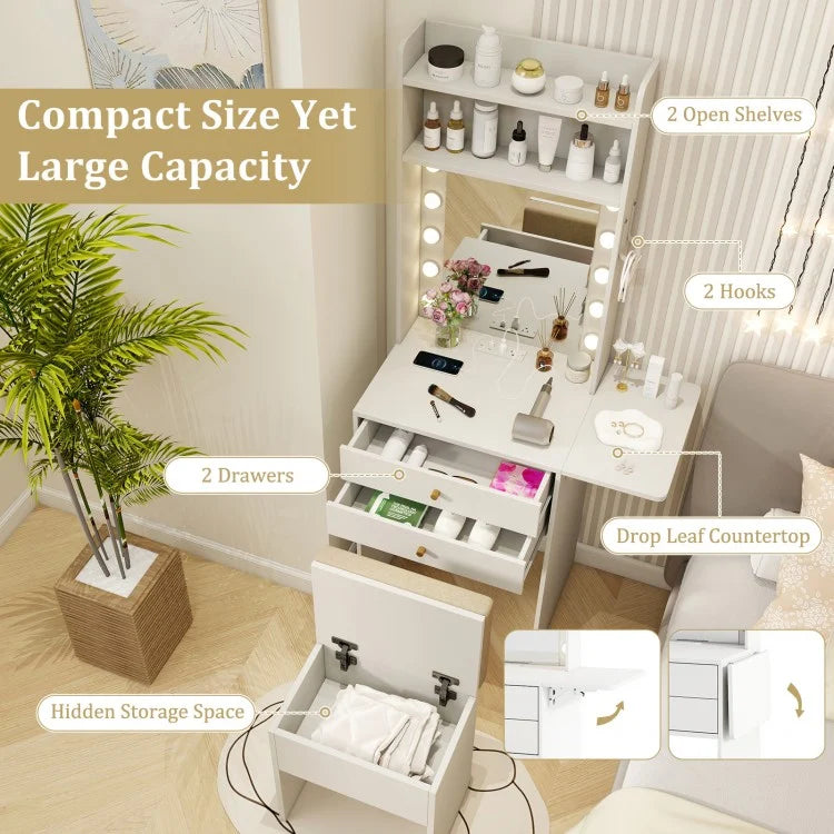 Compact Vanity Table Set with 3-Color LED Mirror, Charging Station and Storage Drawers – White