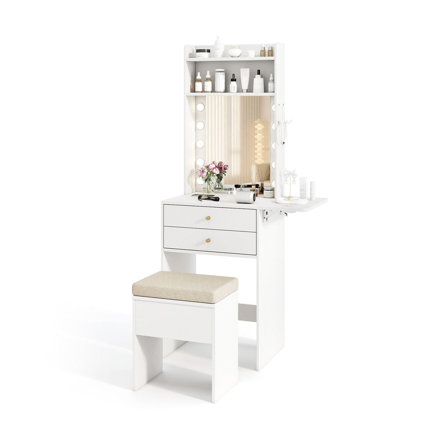 Compact Vanity Table Set with 3-Color LED Mirror, Charging Station and Storage Drawers – White