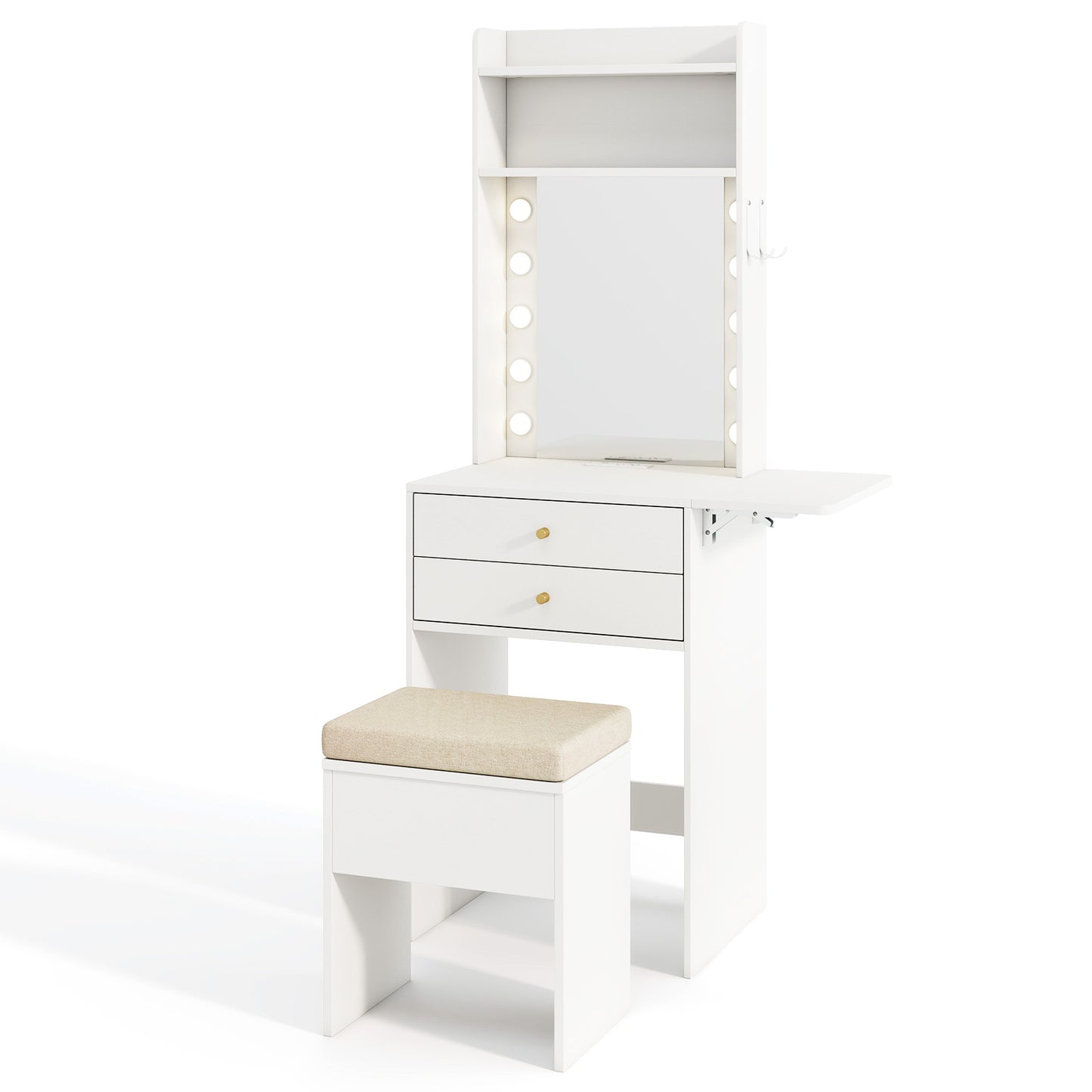 Compact Vanity Table Set with 3-Color LED Mirror, Charging Station and Storage Drawers – White