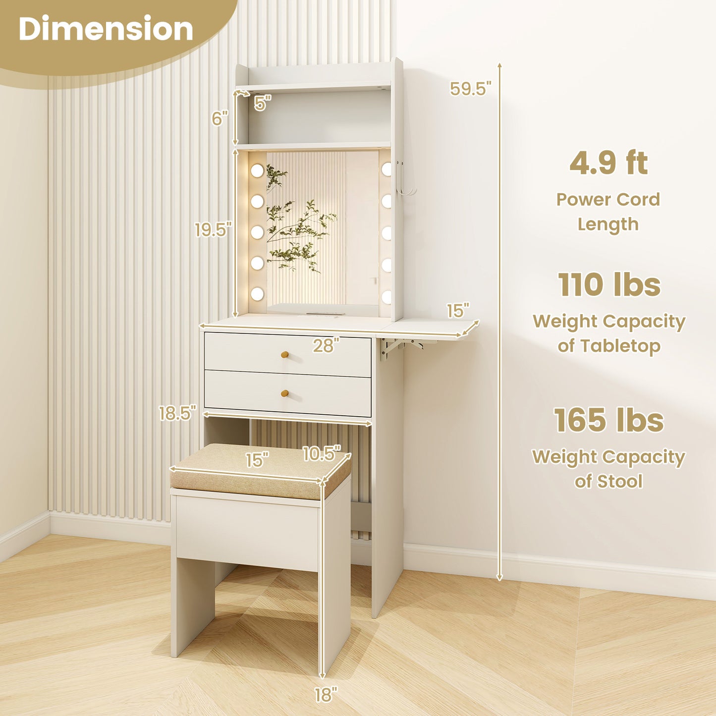 Compact Vanity Table Set with 3-Color LED Mirror, Charging Station and Storage Drawers – White