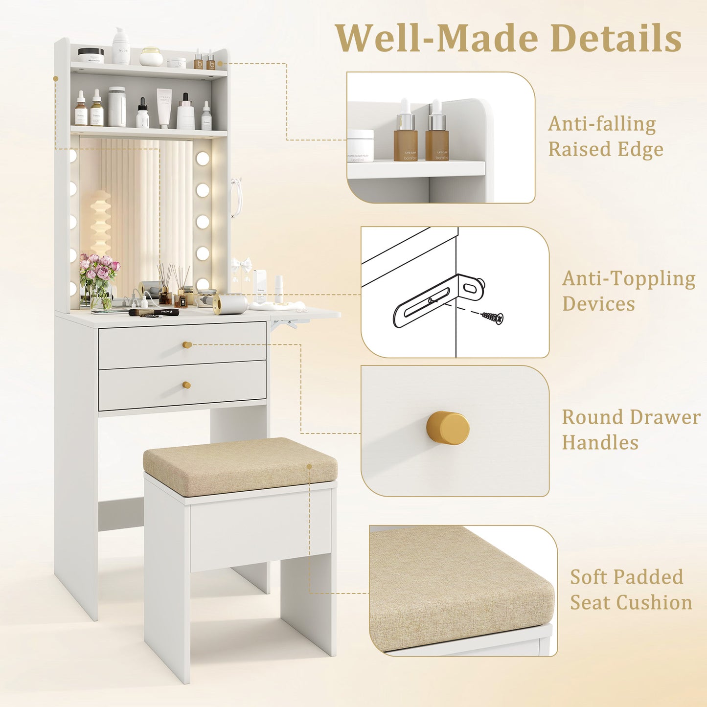 Compact Vanity Table Set with 3-Color LED Mirror, Charging Station and Storage Drawers – White