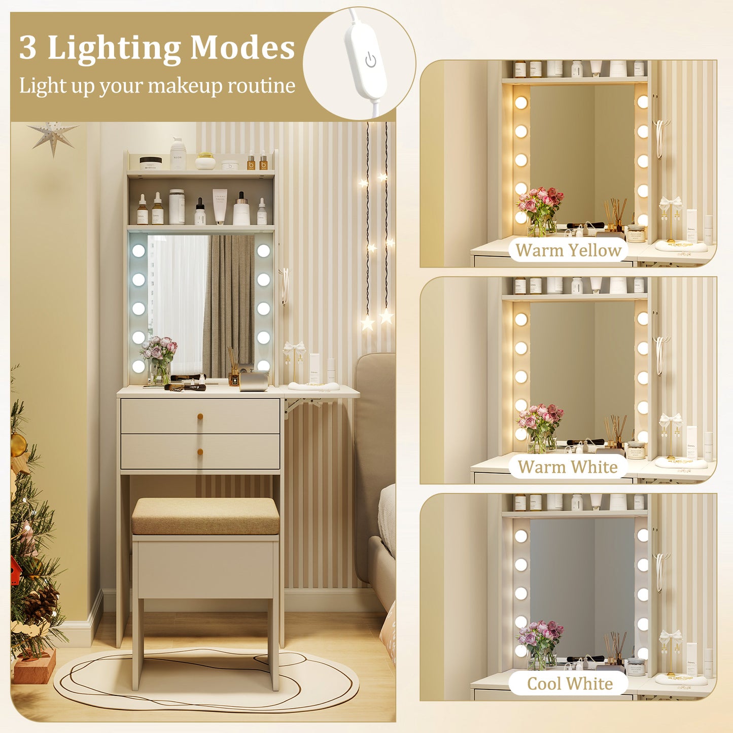 Compact Vanity Table Set with 3-Color LED Mirror, Charging Station and Storage Drawers – White