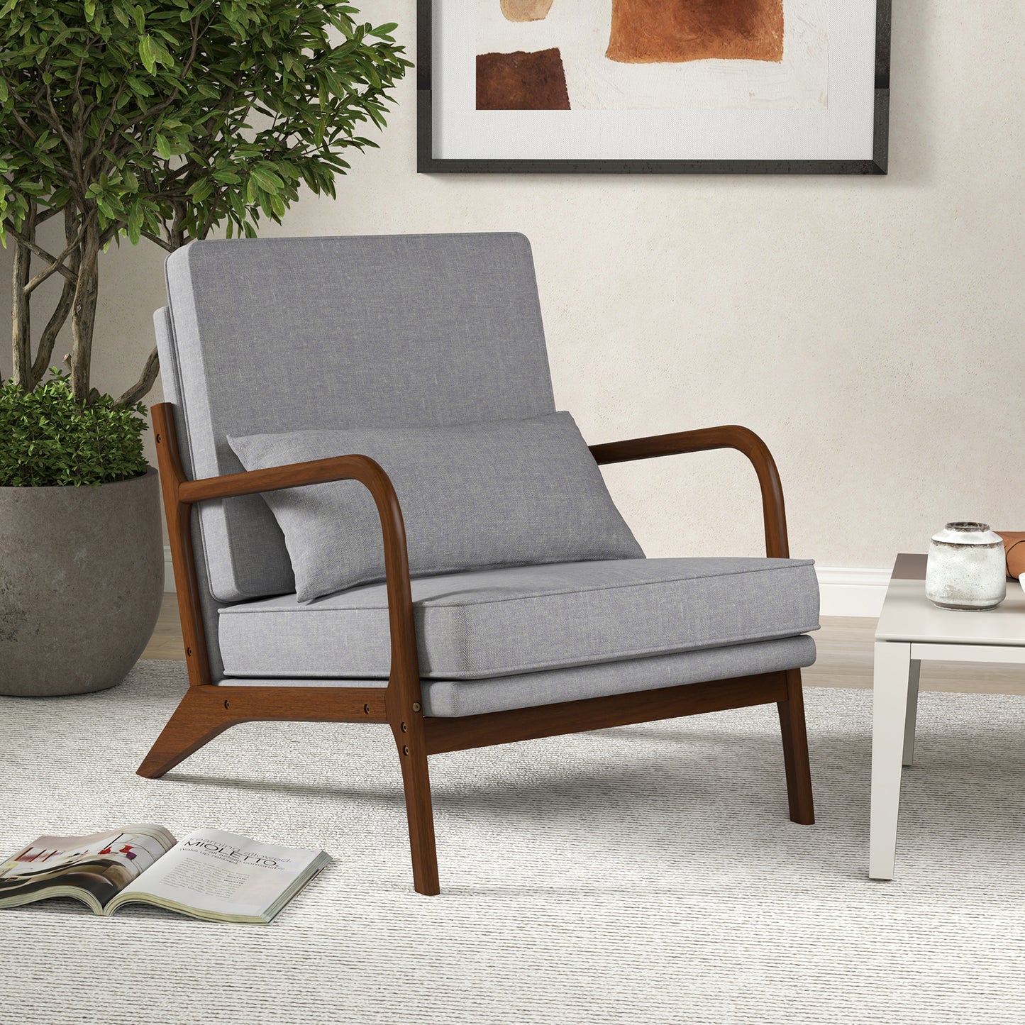 Modern Fabric Accent Chair with Wide Seat and Wooden Arms – Grey