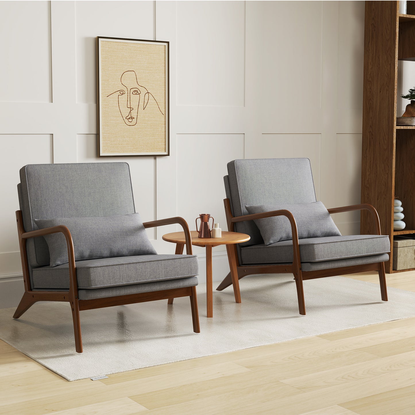 Modern Fabric Accent Chair with Wide Seat and Wooden Arms – Grey