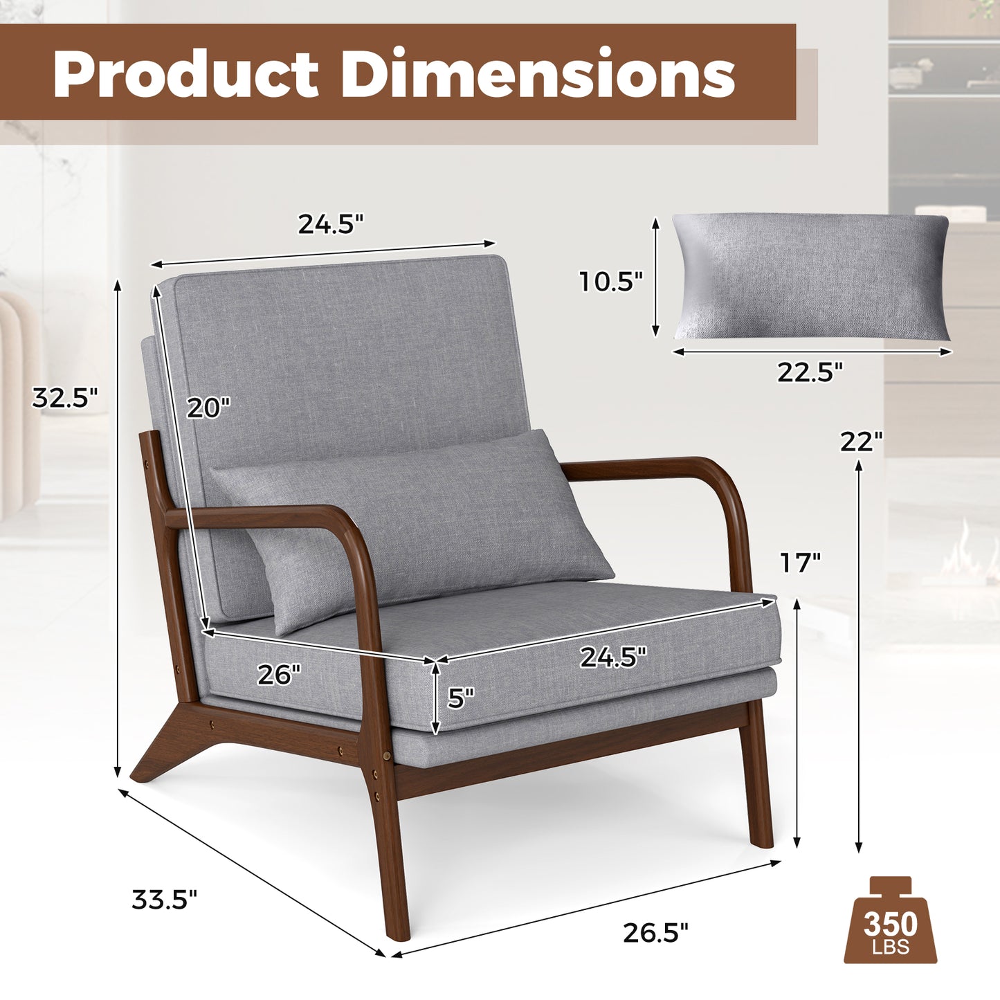 Modern Fabric Accent Chair with Wide Seat and Wooden Arms – Grey