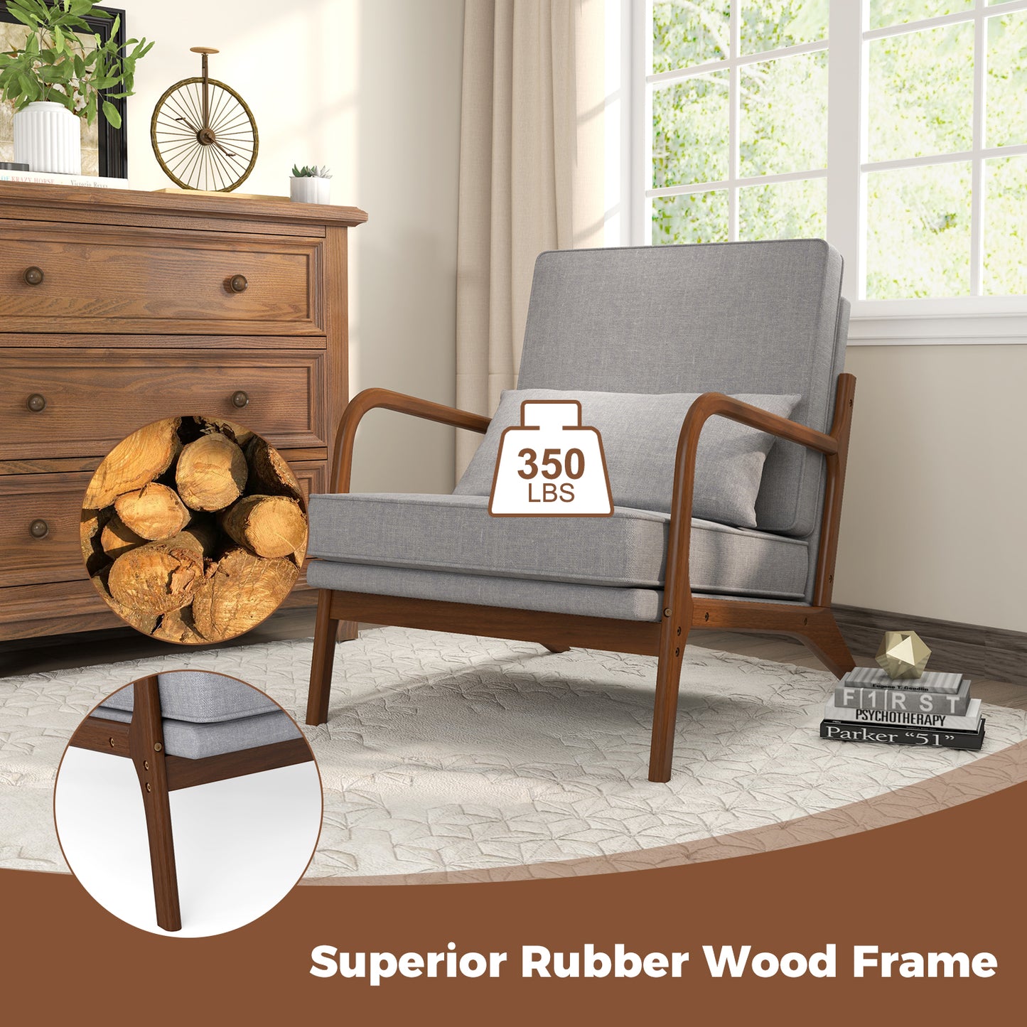 Modern Fabric Accent Chair with Wide Seat and Wooden Arms – Grey
