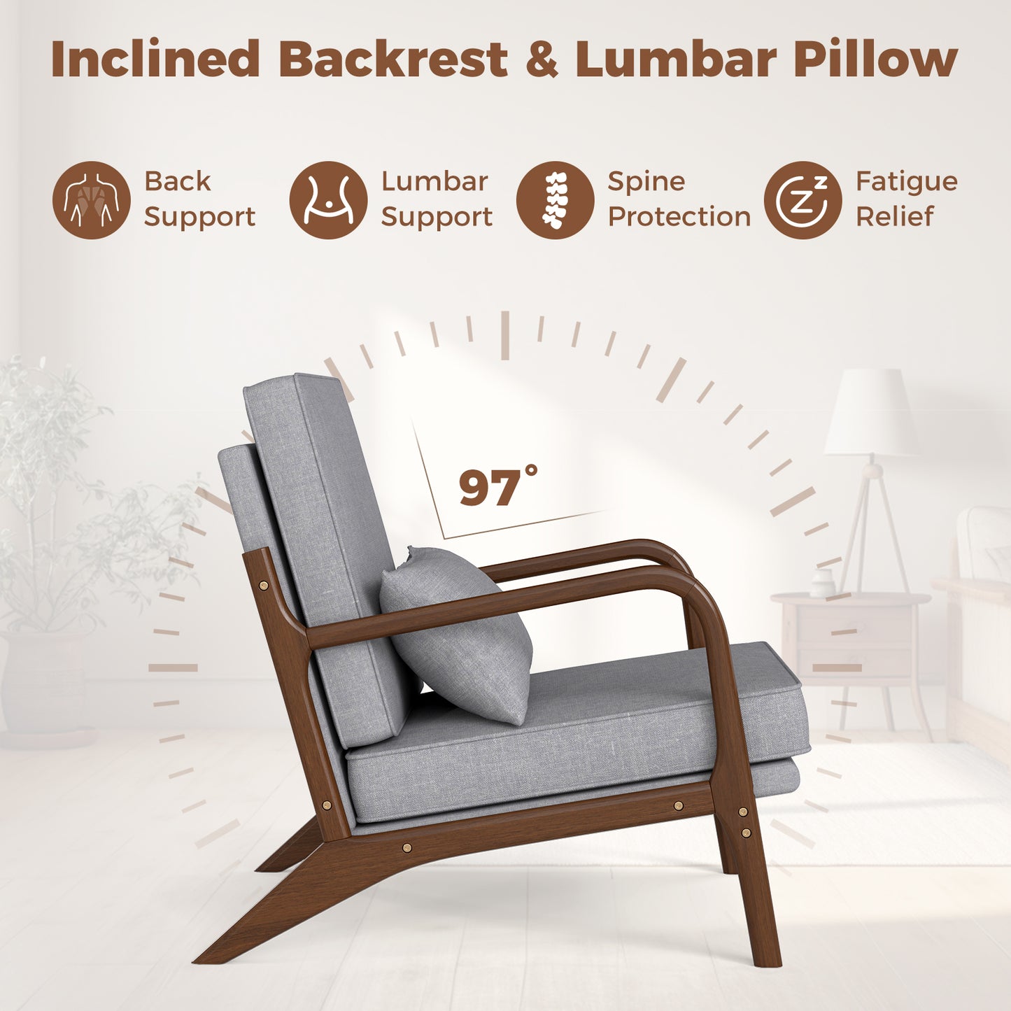 Modern Fabric Accent Chair with Wide Seat and Wooden Arms – Grey