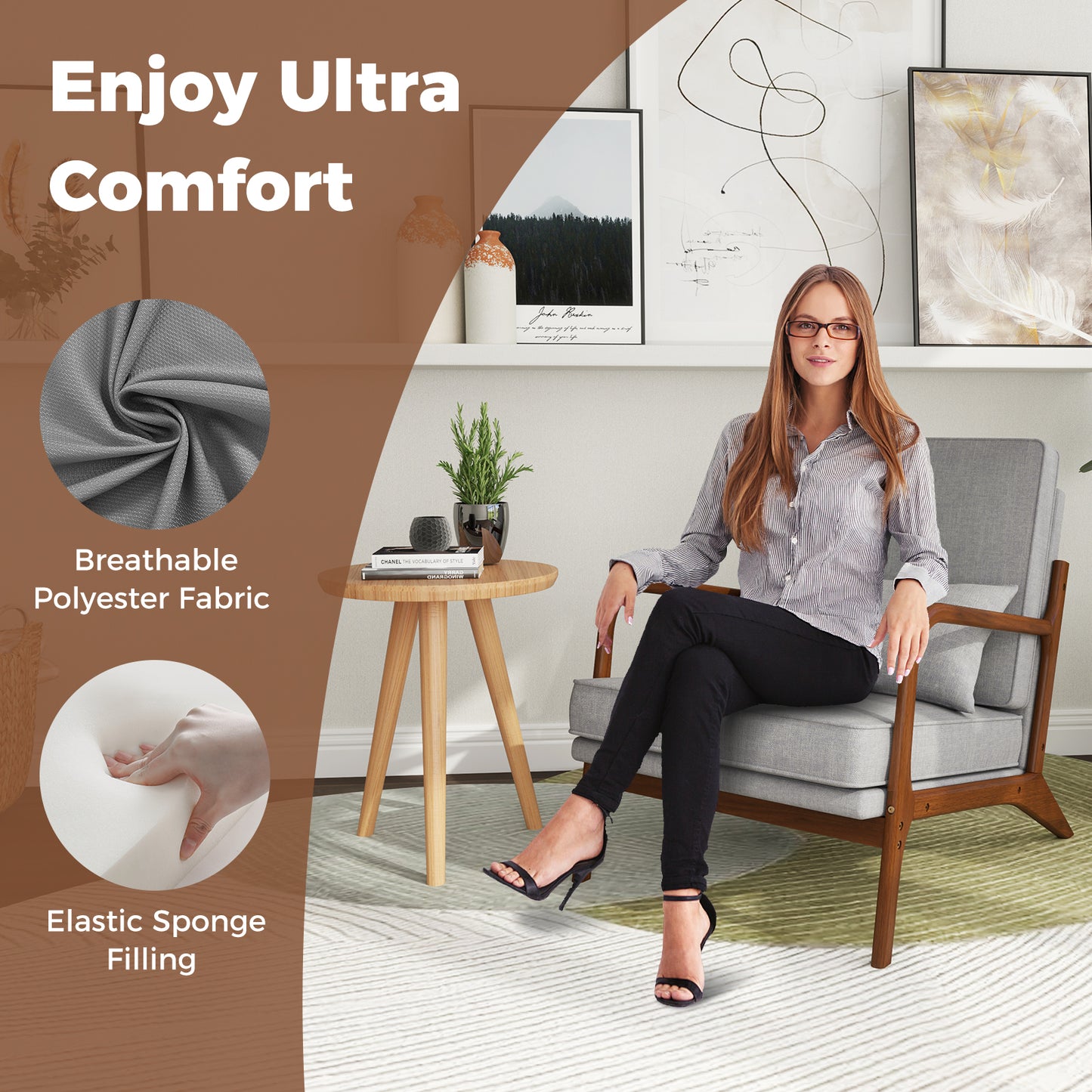 Modern Fabric Accent Chair with Wide Seat and Wooden Arms – Grey