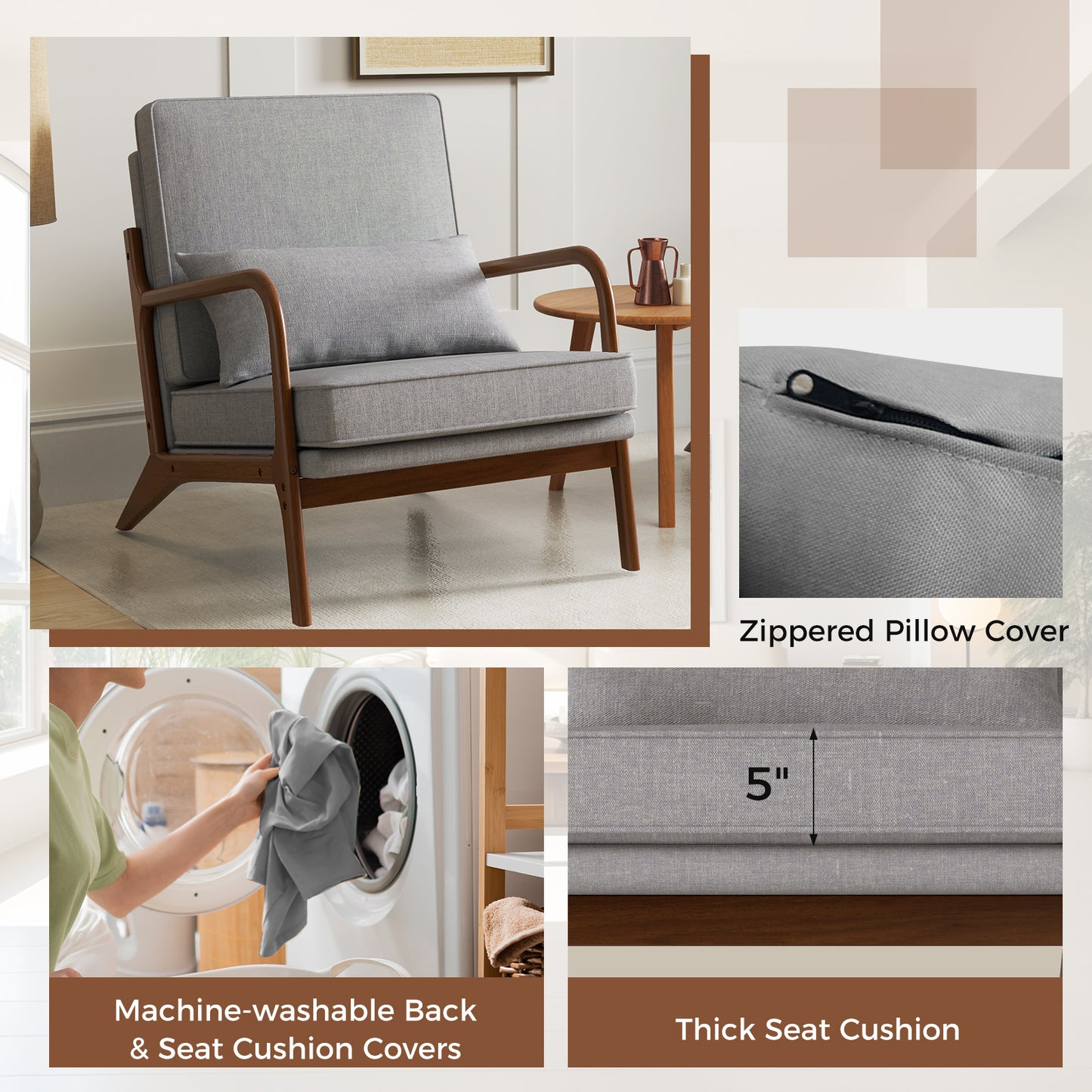 Modern Fabric Accent Chair with Wide Seat and Wooden Arms – Grey