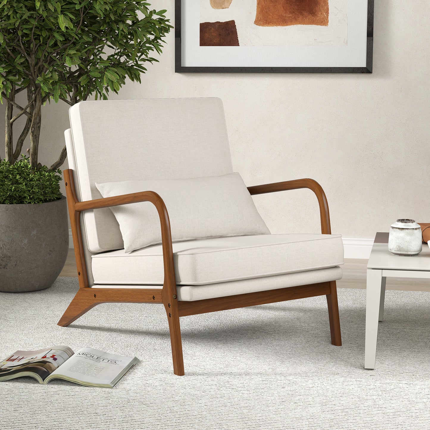 Modern Fabric Accent Chair with Wide Seat and Wooden Arms – Beige