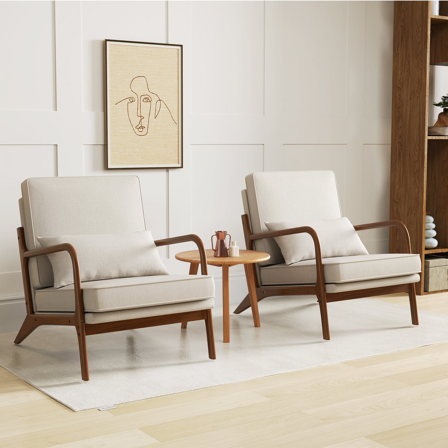 Modern Fabric Accent Chair with Wide Seat and Wooden Arms – Beige