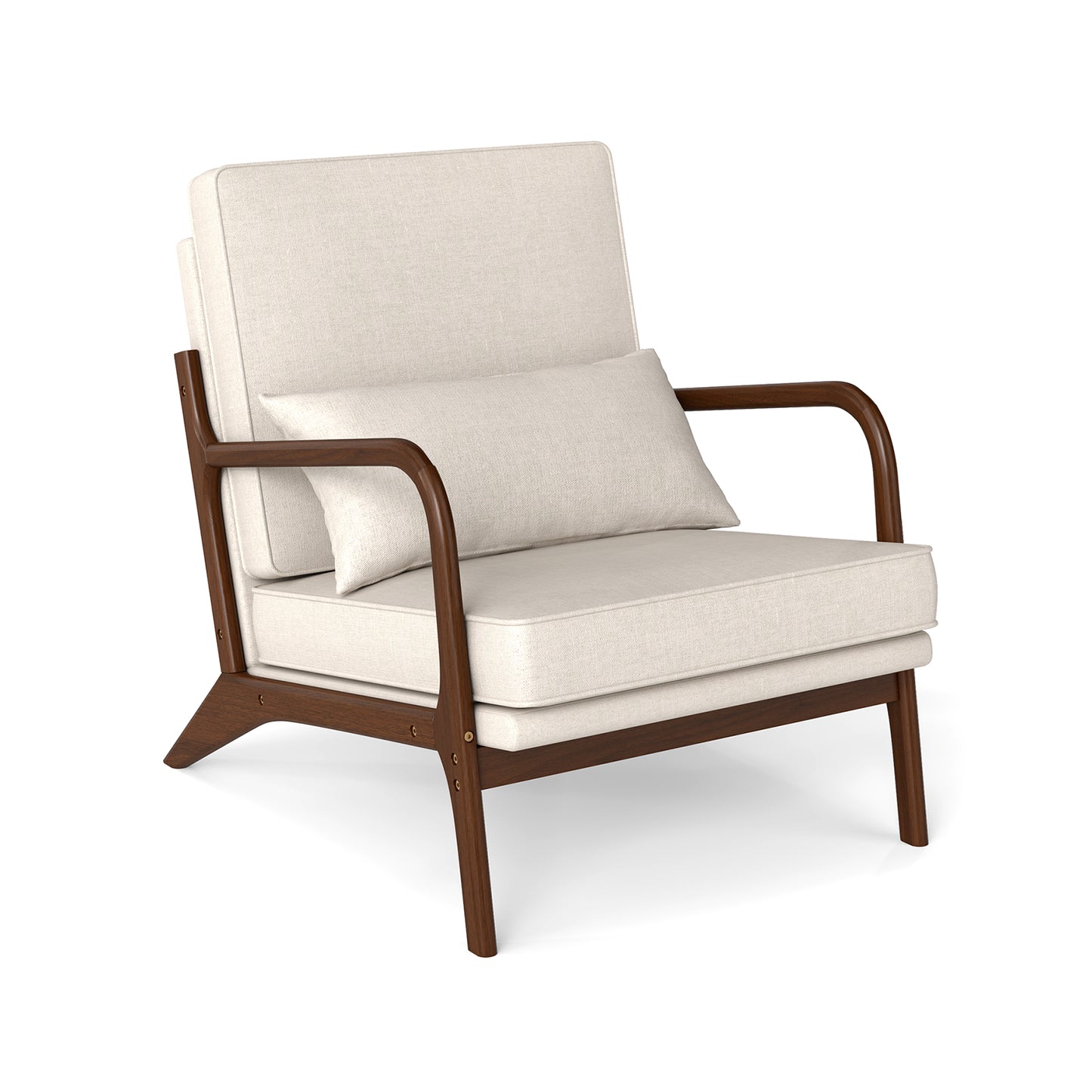 Modern Fabric Accent Chair with Wide Seat and Wooden Arms – Beige