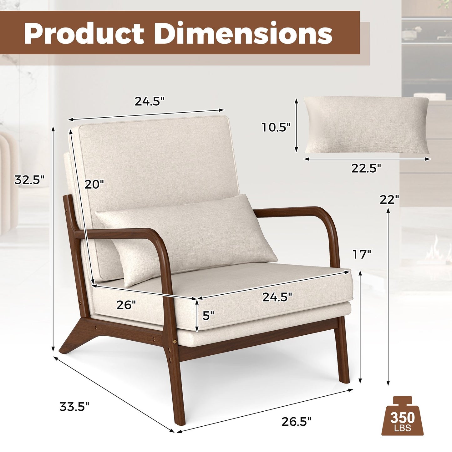 Modern Fabric Accent Chair with Wide Seat and Wooden Arms – Beige