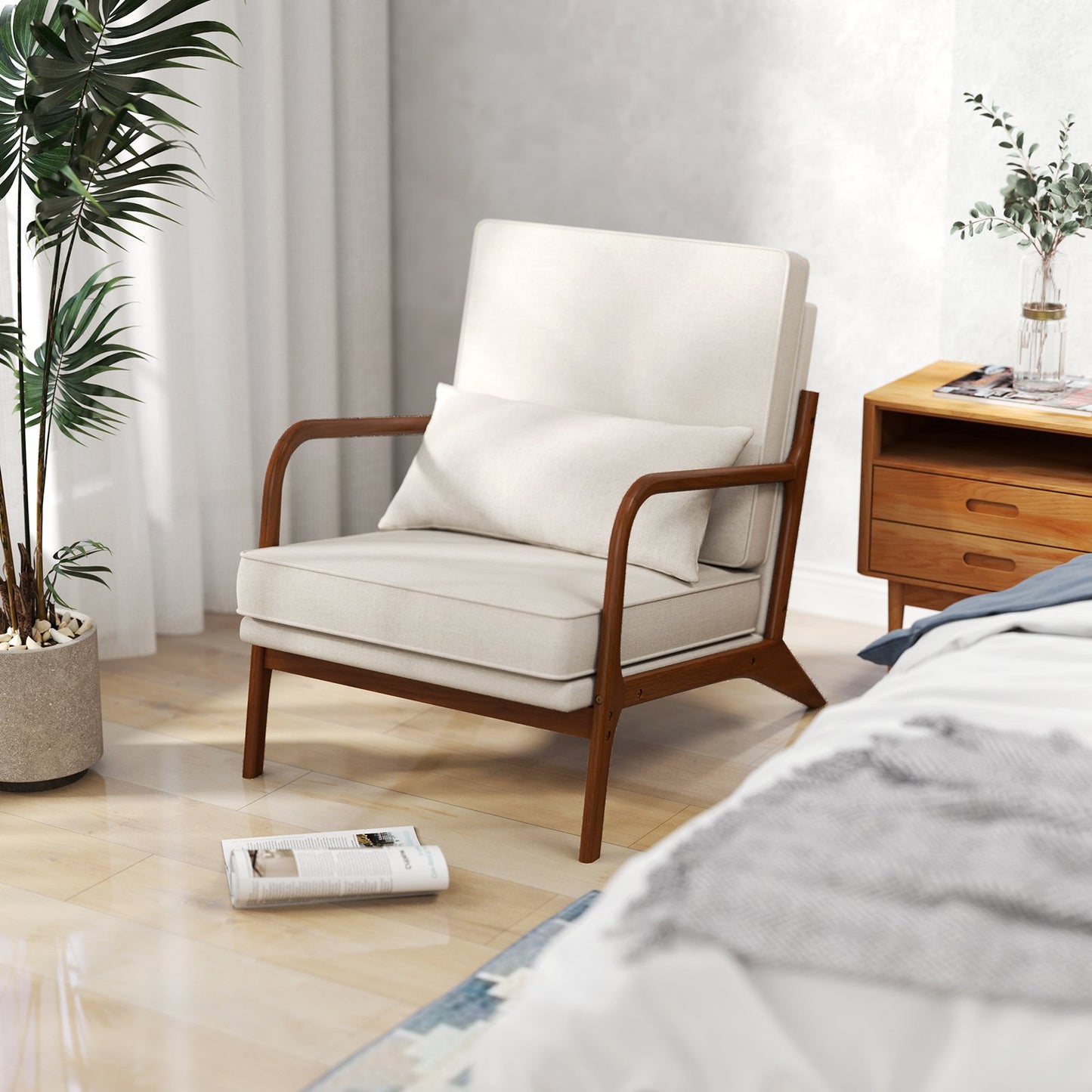 Modern Fabric Accent Chair with Wide Seat and Wooden Arms – Beige