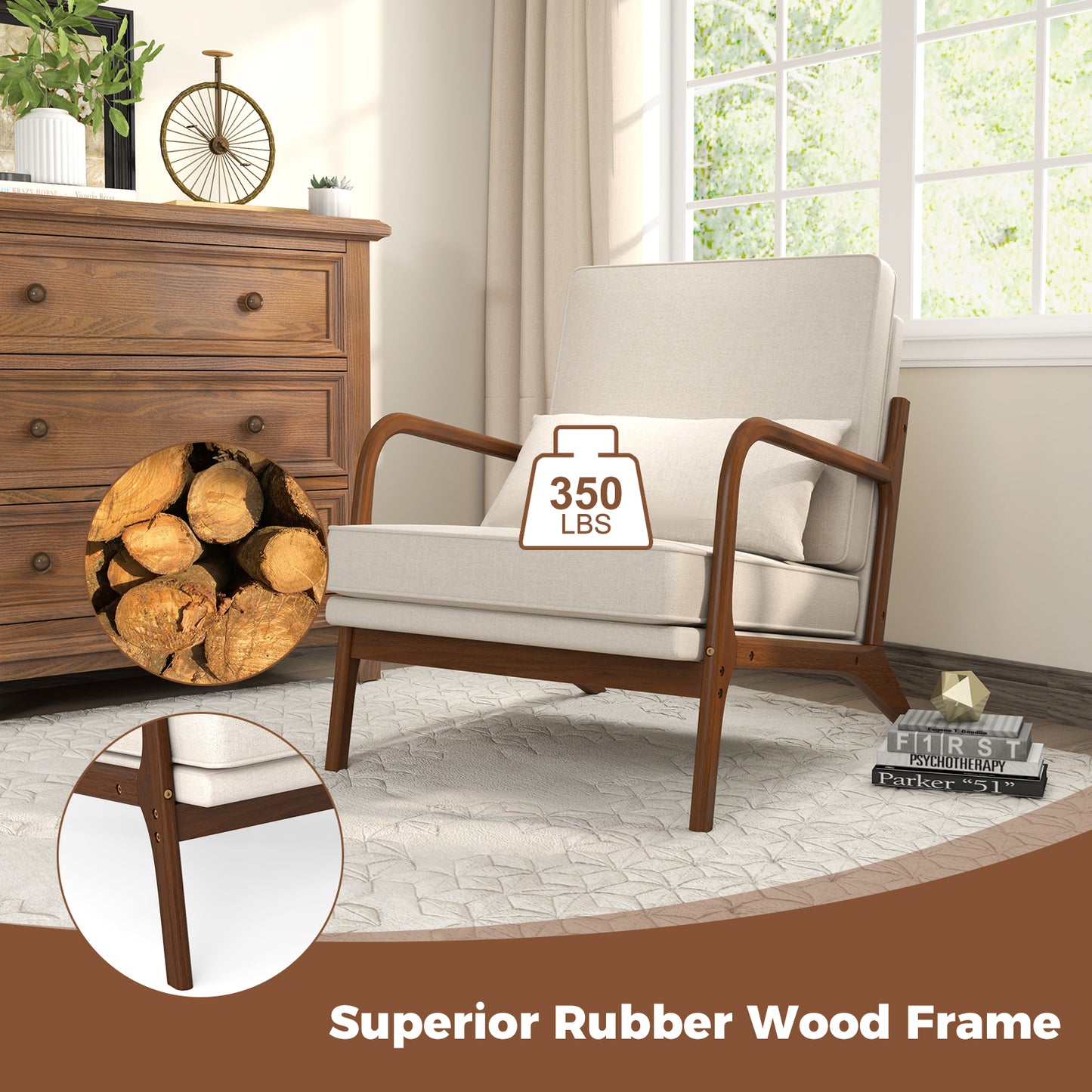 Modern Fabric Accent Chair with Wide Seat and Wooden Arms – Beige