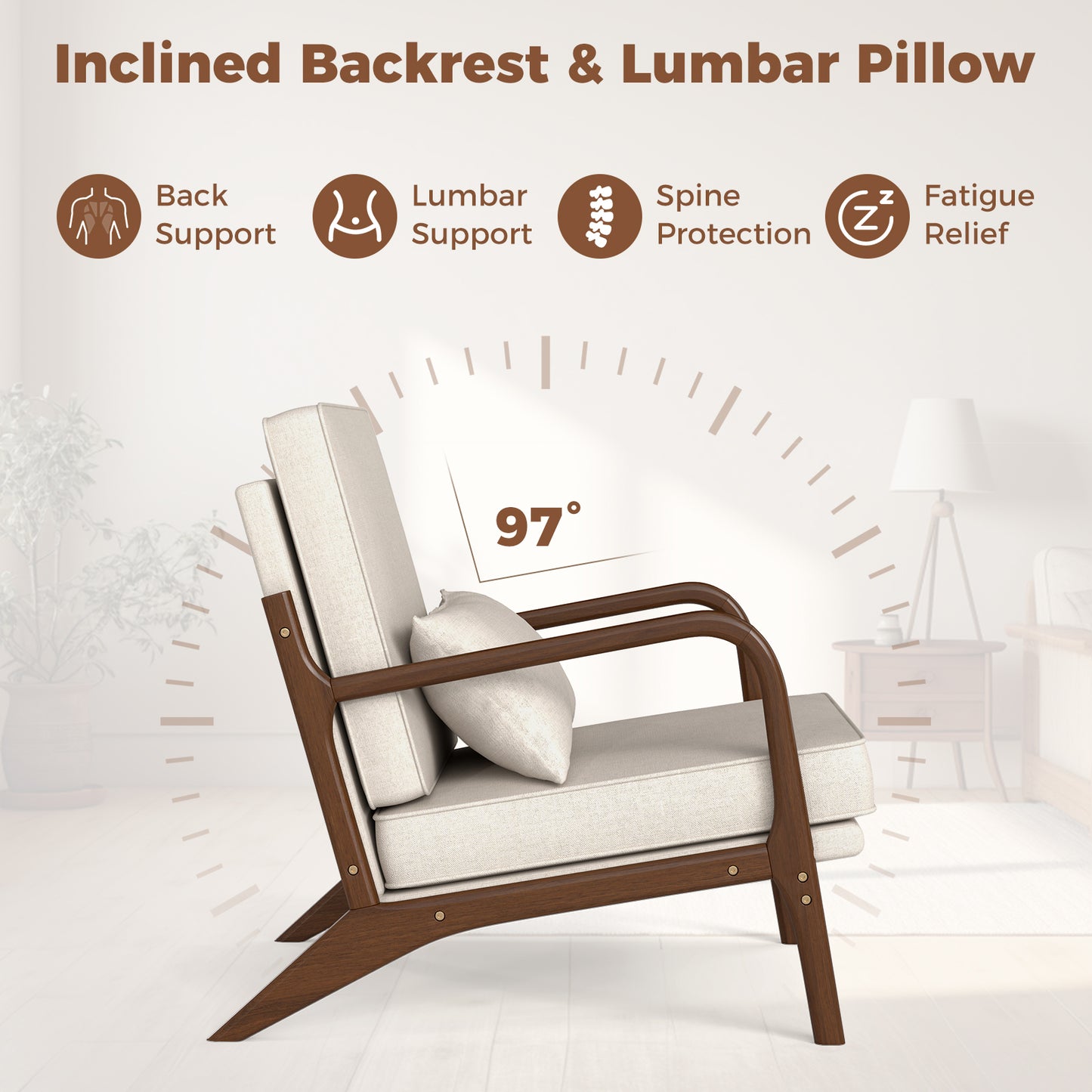 Modern Fabric Accent Chair with Wide Seat and Wooden Arms – Beige