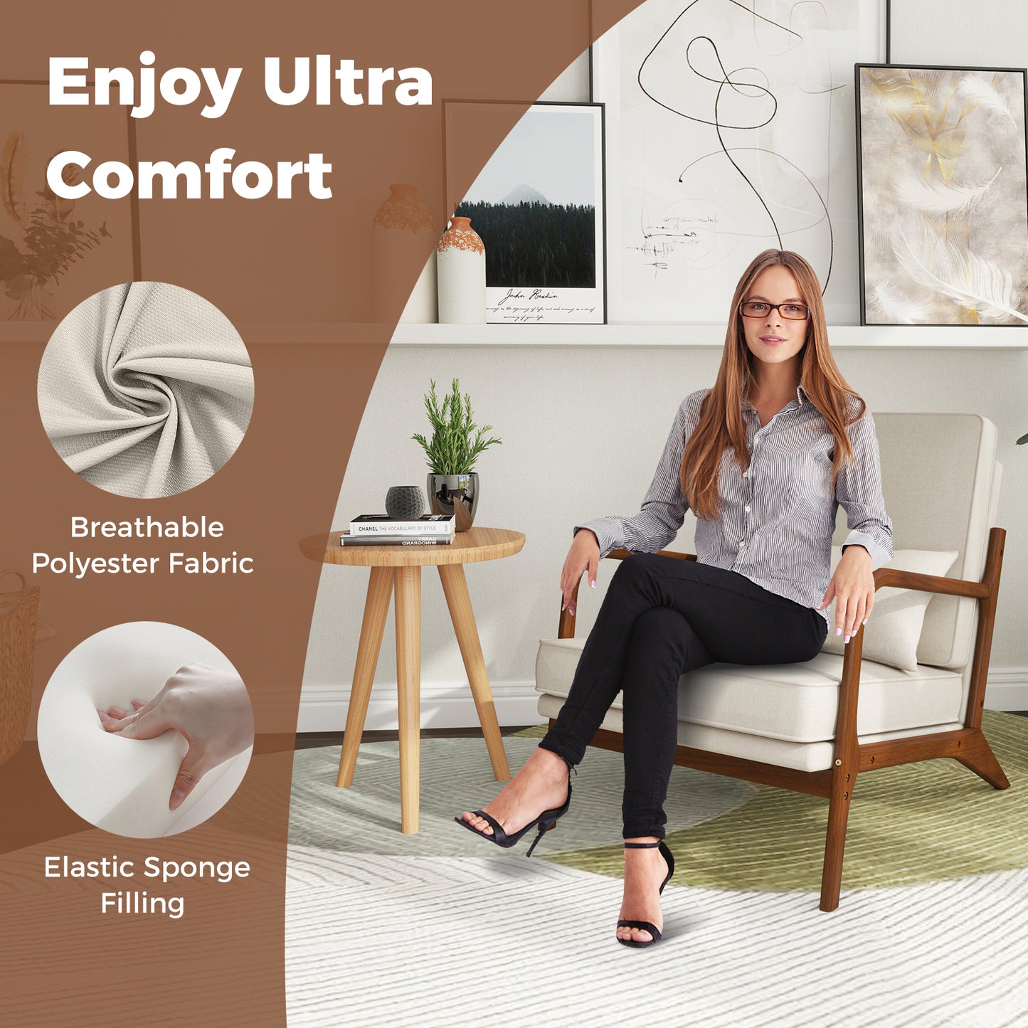 Modern Fabric Accent Chair with Wide Seat and Wooden Arms – Beige