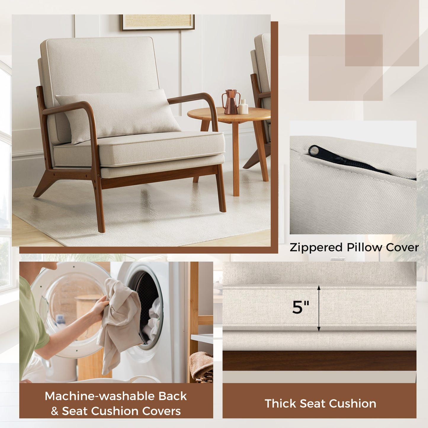 Modern Fabric Accent Chair with Wide Seat and Wooden Arms – Beige