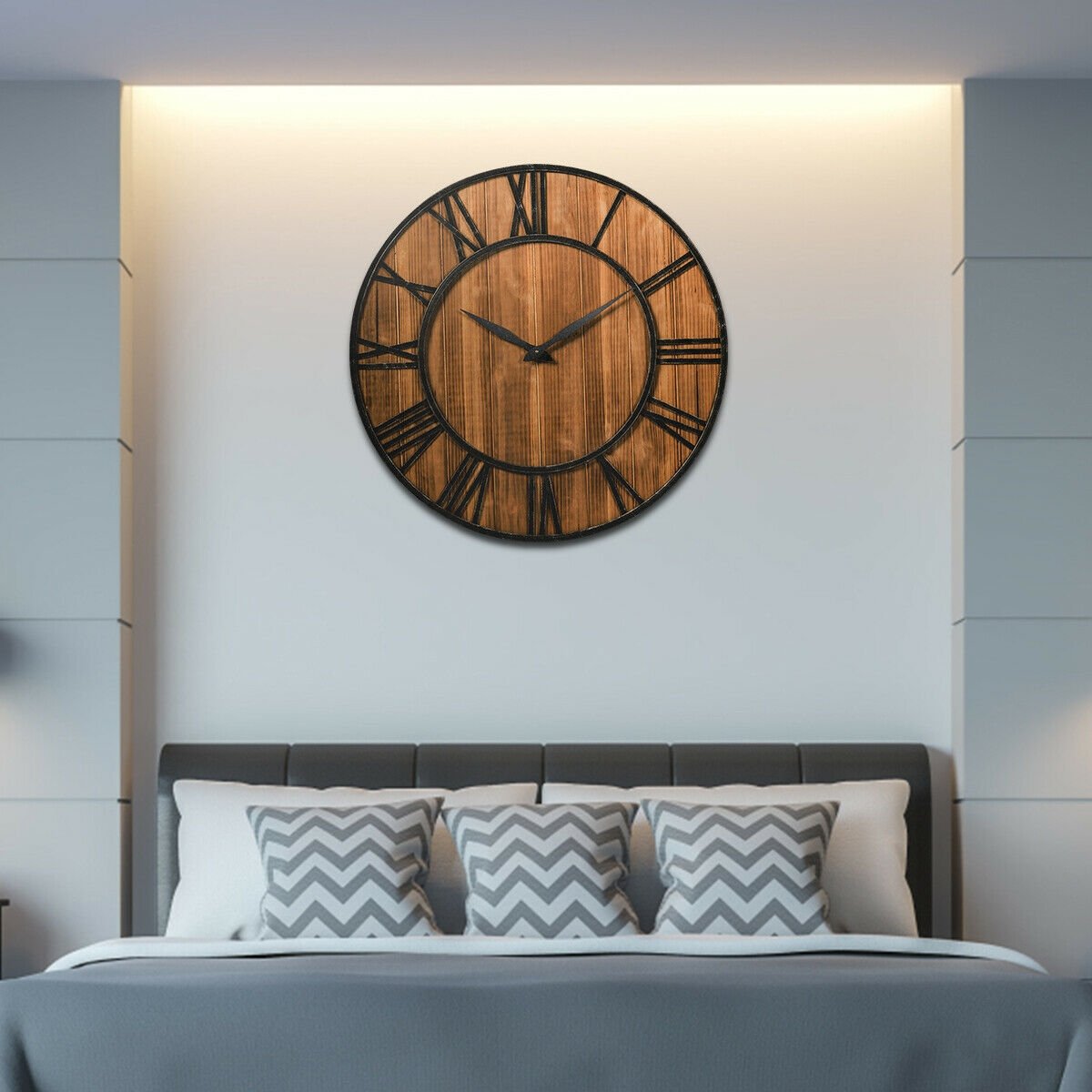 27.5 Inch Rustic Wooden Wall Clock with Roman Numerals - Silent Battery Operated