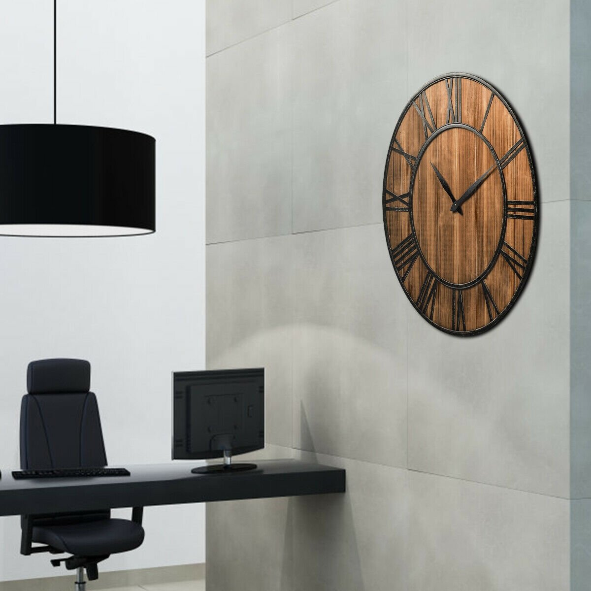 27.5 Inch Rustic Wooden Wall Clock with Roman Numerals - Silent Battery Operated