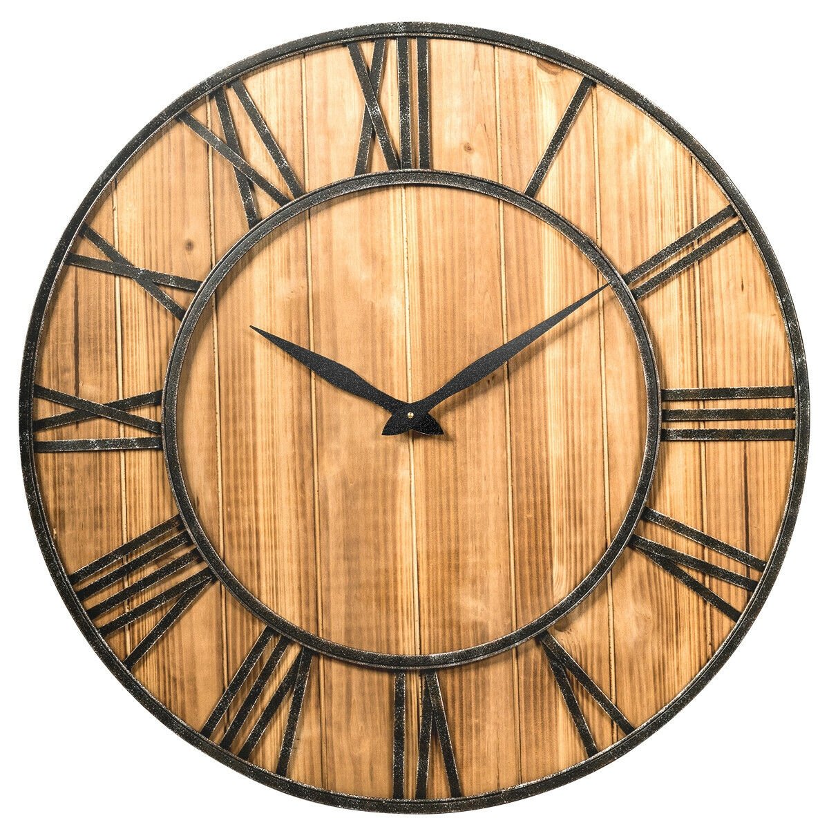 27.5 Inch Rustic Wooden Wall Clock with Roman Numerals - Silent Battery Operated