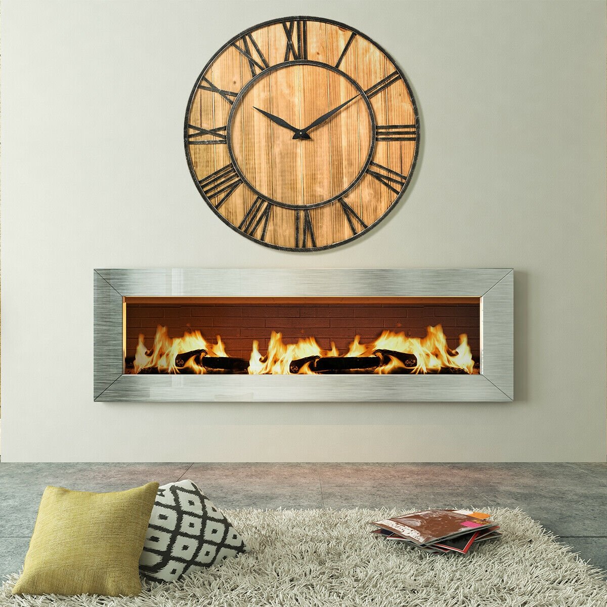 27.5 Inch Rustic Wooden Wall Clock with Roman Numerals - Silent Battery Operated