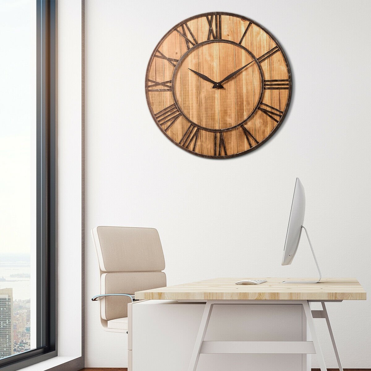 27.5 Inch Rustic Wooden Wall Clock with Roman Numerals - Silent Battery Operated