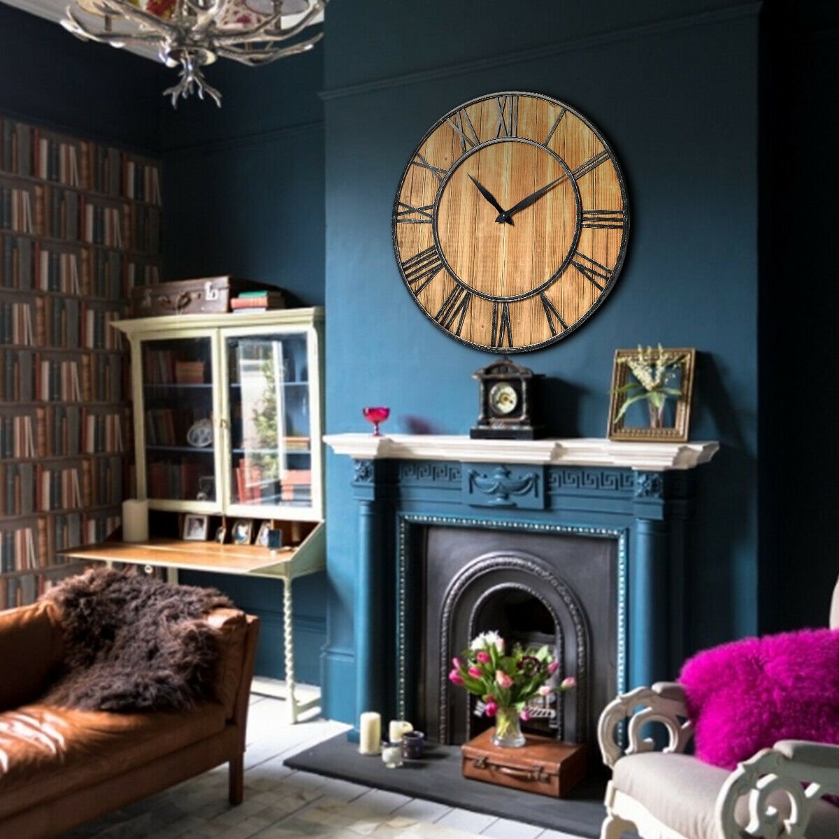27.5 Inch Rustic Wooden Wall Clock with Roman Numerals - Silent Battery Operated