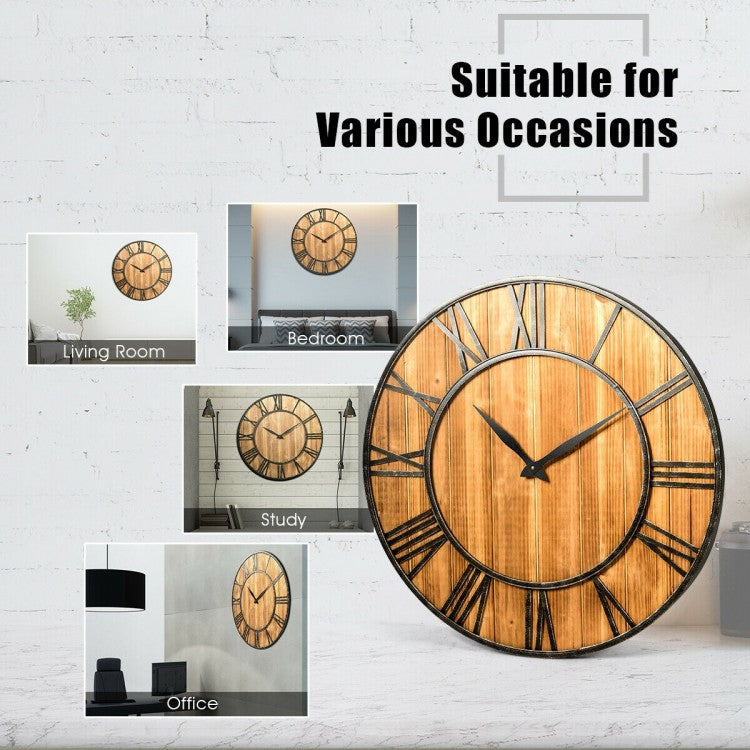 27.5 Inch Rustic Wooden Wall Clock with Roman Numerals - Silent Battery Operated