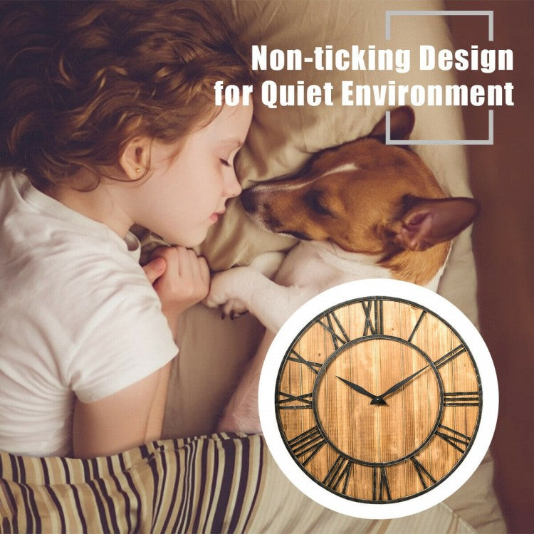 27.5 Inch Rustic Wooden Wall Clock with Roman Numerals - Silent Battery Operated