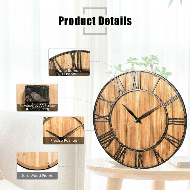 27.5 Inch Rustic Wooden Wall Clock with Roman Numerals - Silent Battery Operated