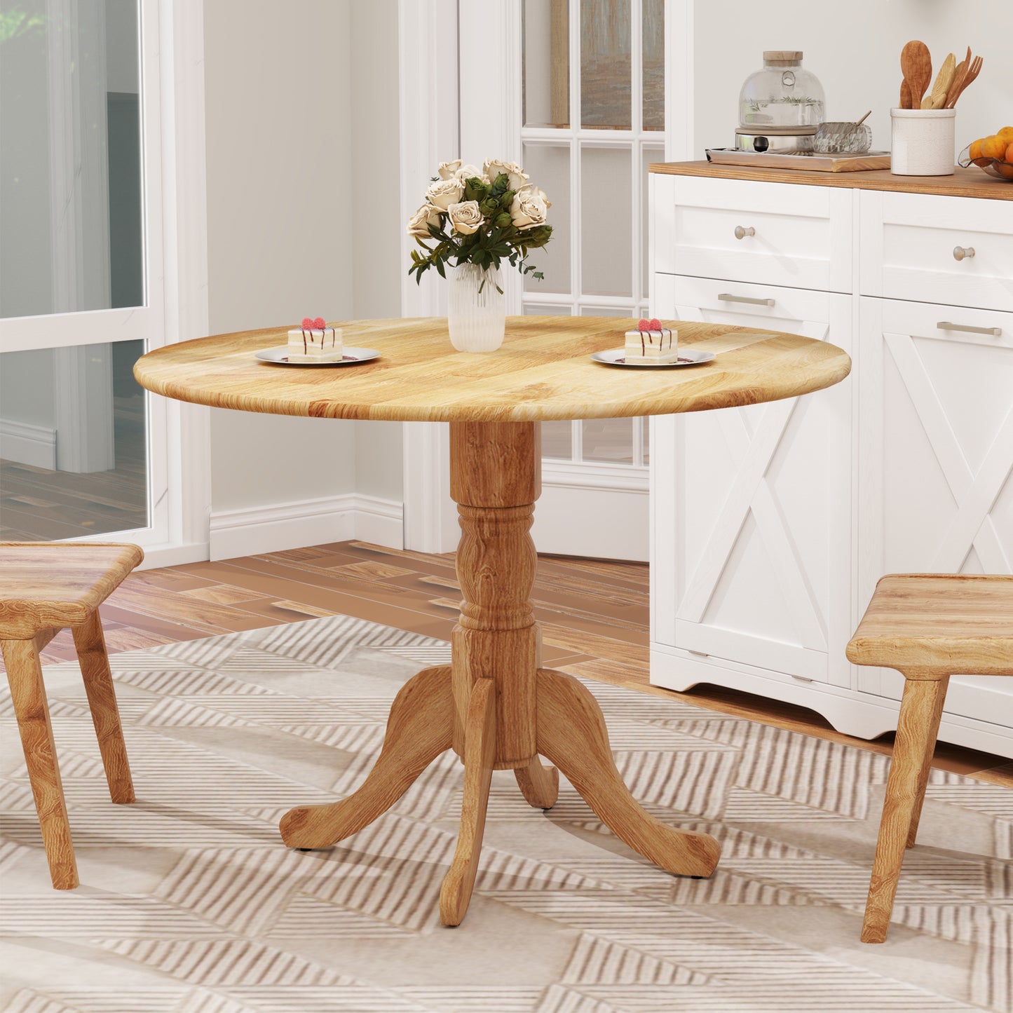 Elegant Round Wooden Dining Table with Curved Trestle Legs in Natural Finish
