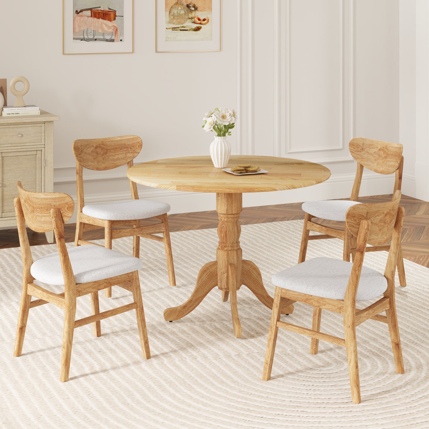 Elegant Round Wooden Dining Table with Curved Trestle Legs in Natural Finish