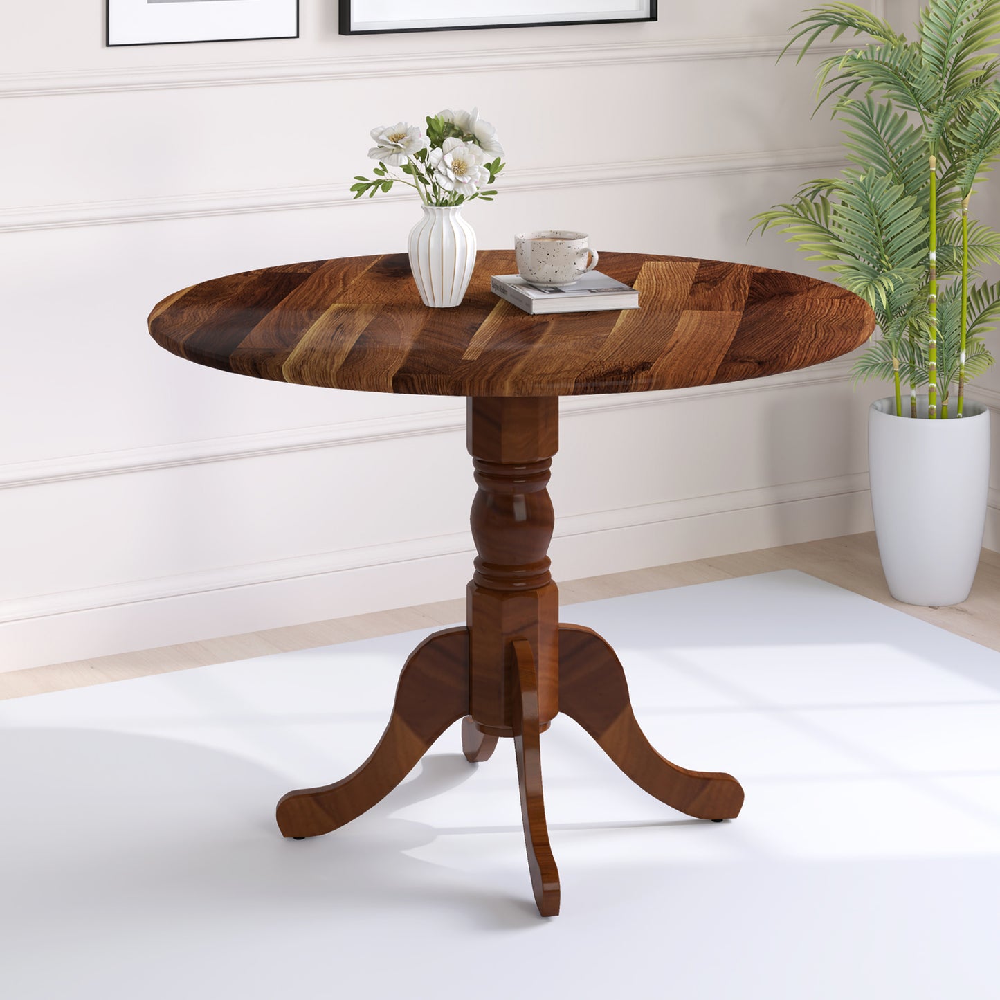 Elegant Round Wooden Dining Table with Curved Trestle Legs in Walnut Finish