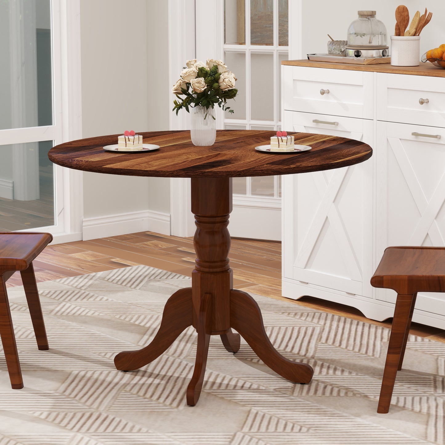 Elegant Round Wooden Dining Table with Curved Trestle Legs in Walnut Finish