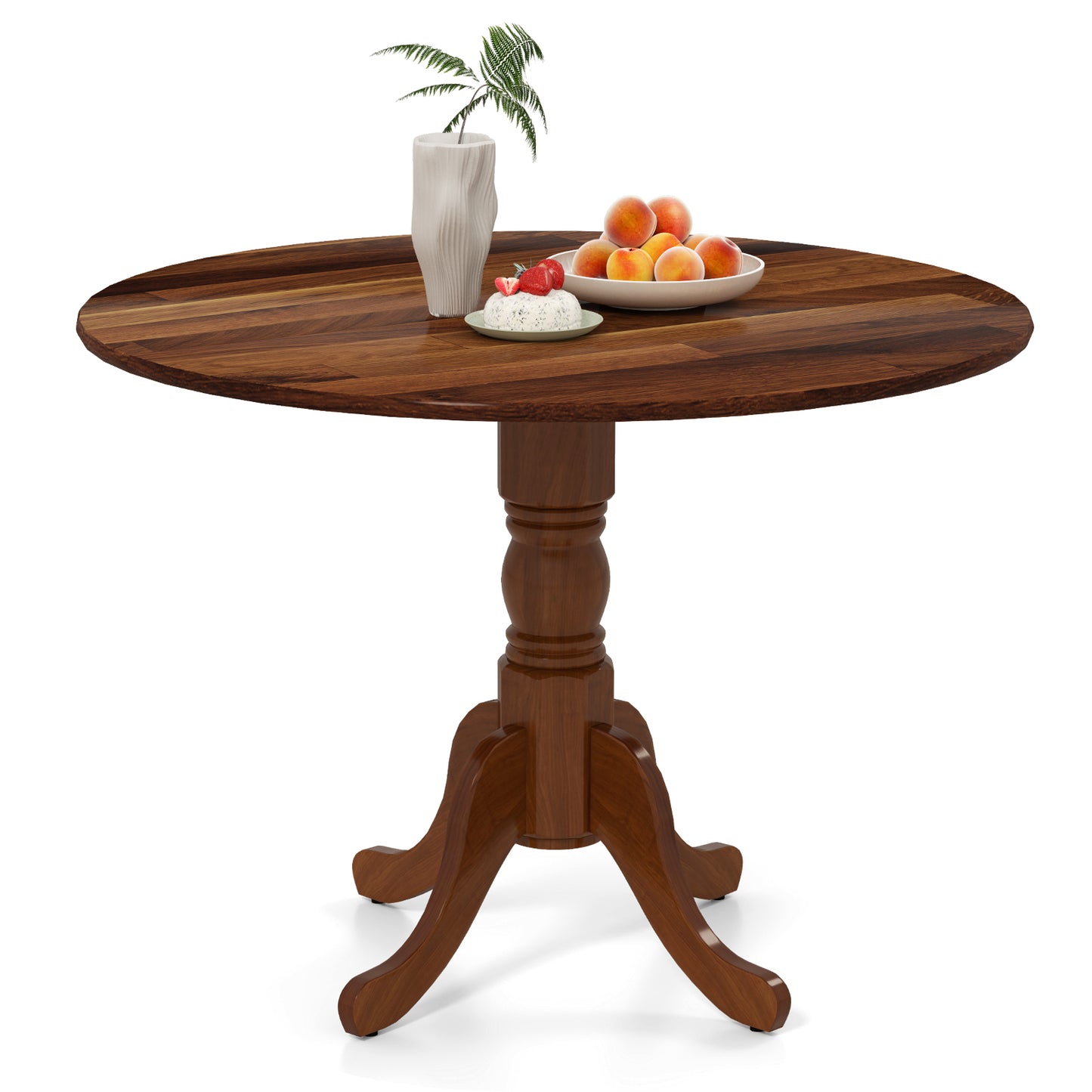 Elegant Round Wooden Dining Table with Curved Trestle Legs in Walnut Finish