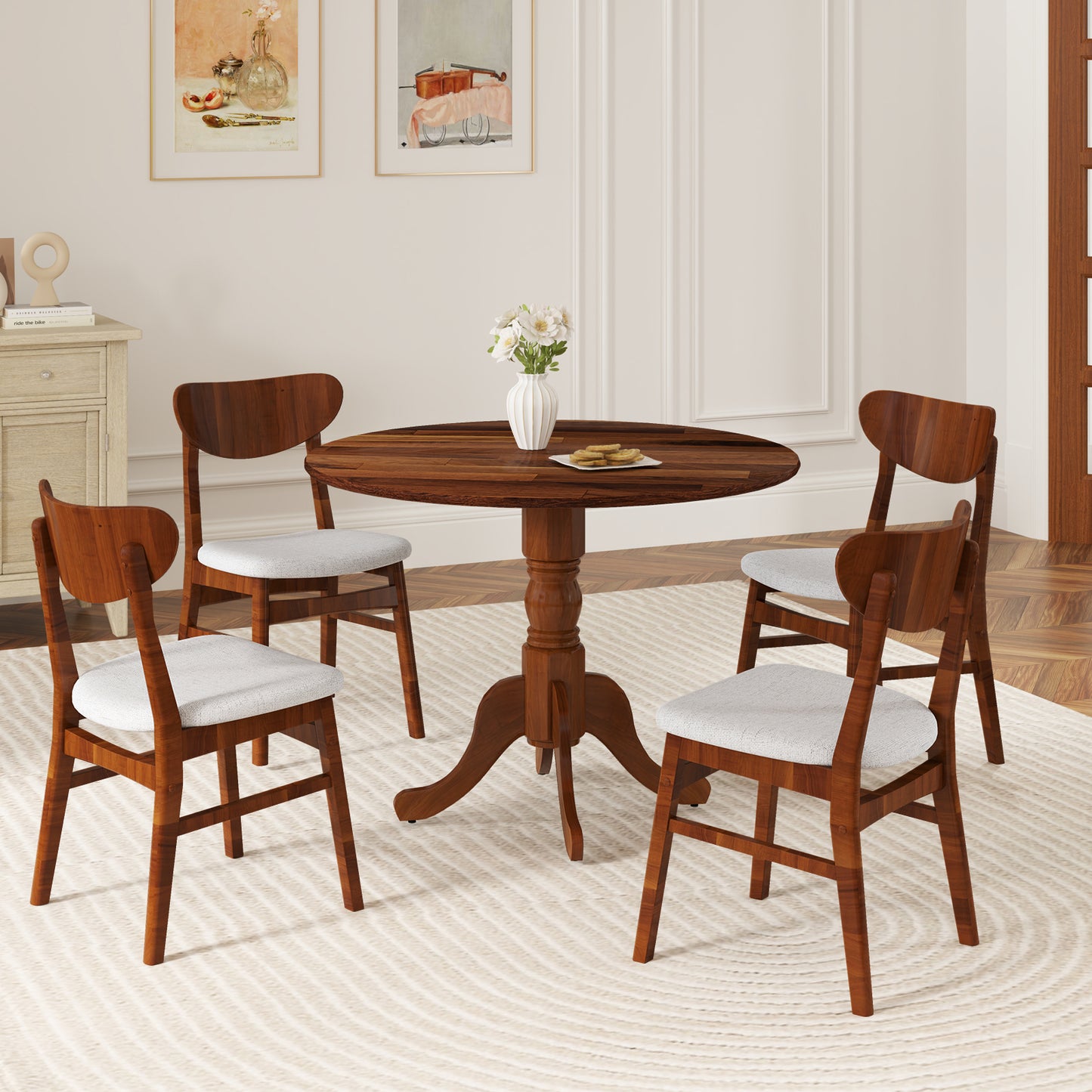 Elegant Round Wooden Dining Table with Curved Trestle Legs in Walnut Finish